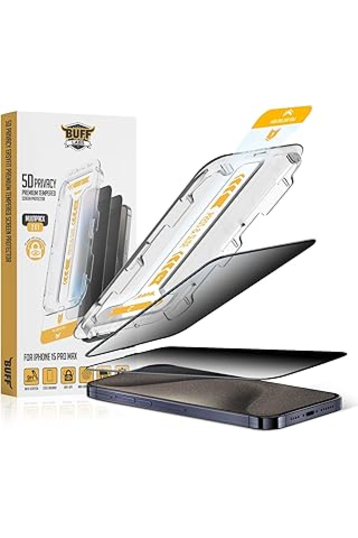 Pazarcan Buff Labs Iphone 15 Serisi Ile Uyumlu 5D Privacy Easyfit 2 Adet Kolay Uygulama Aparatlı Ekran Koruy