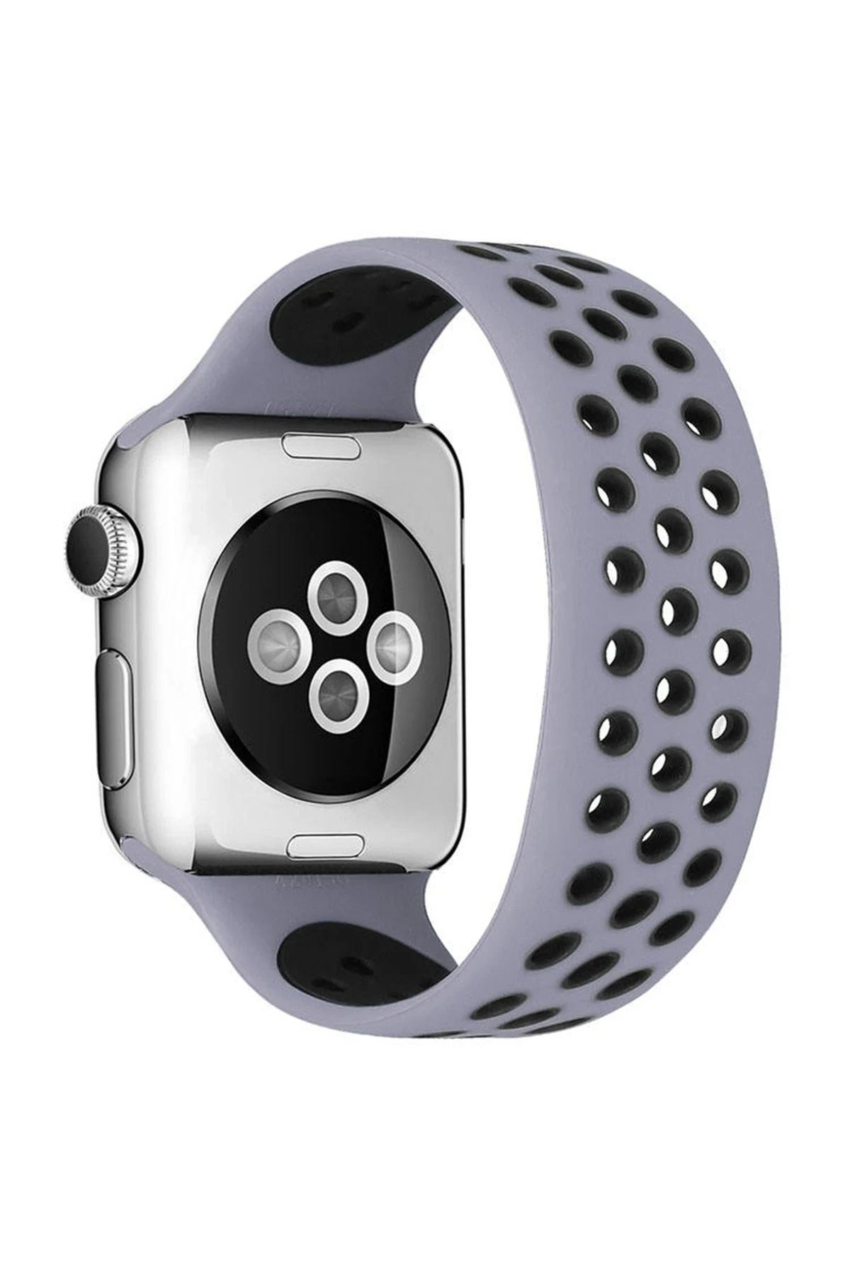 NewFace Apple Watch 42mm Ayarlı Delikli Silikon Kordon - Gri-Siyah BSTMY
