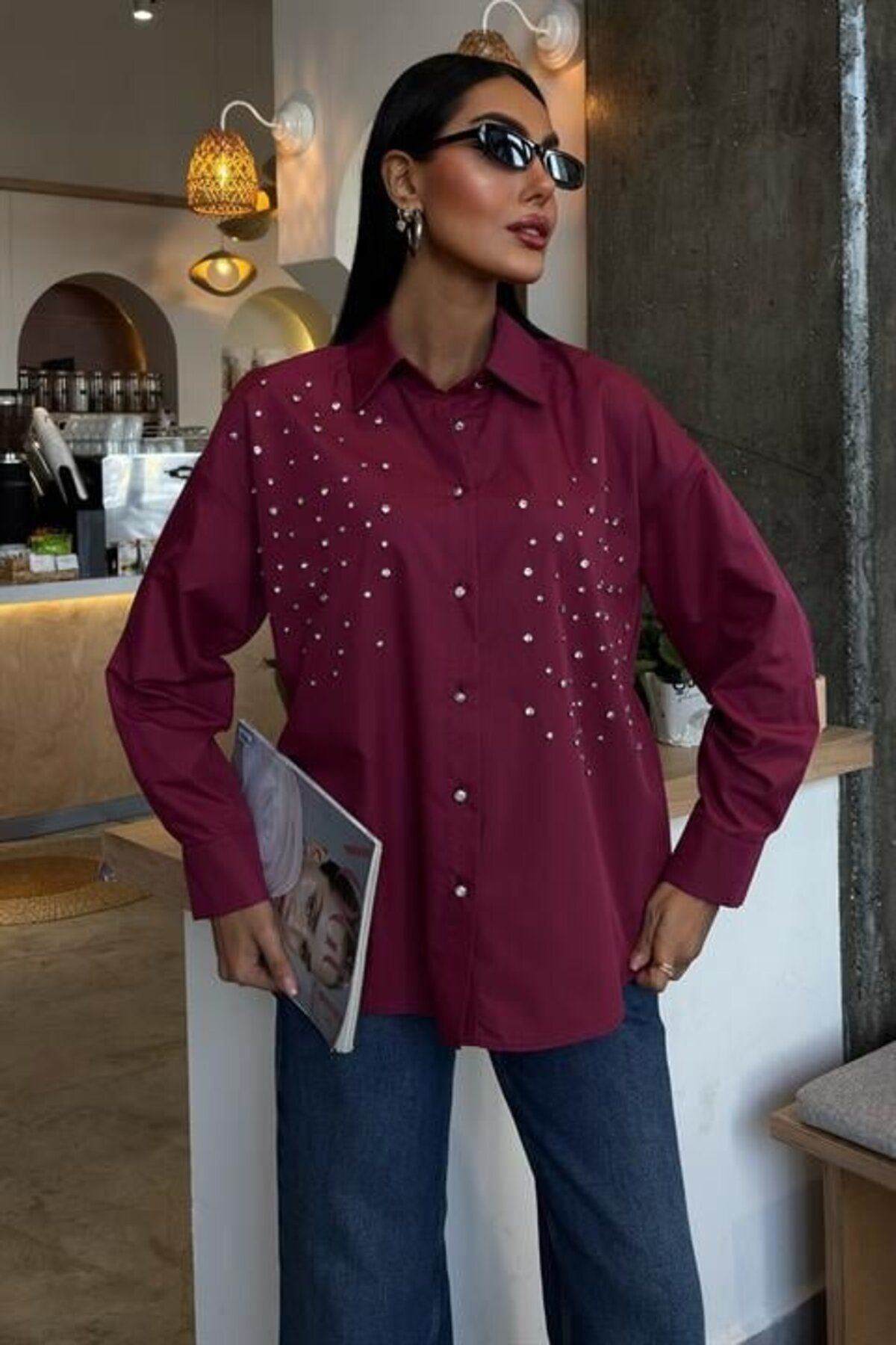 ARUZ MODA Kristal Taş Çakımlı Poplin Gömlek 3413