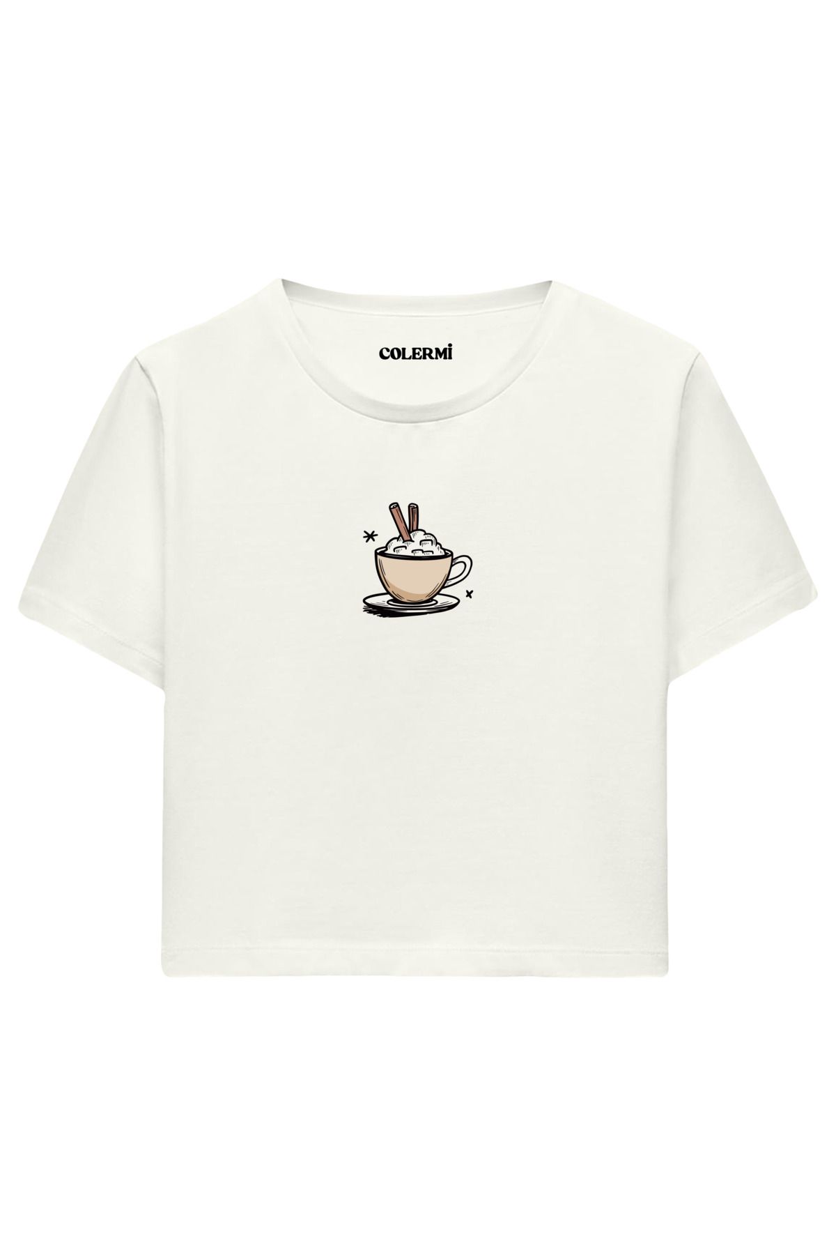 Colermi Kahve Fincanı Baskılı %100 Pamuk Kadın Crop Tshirt