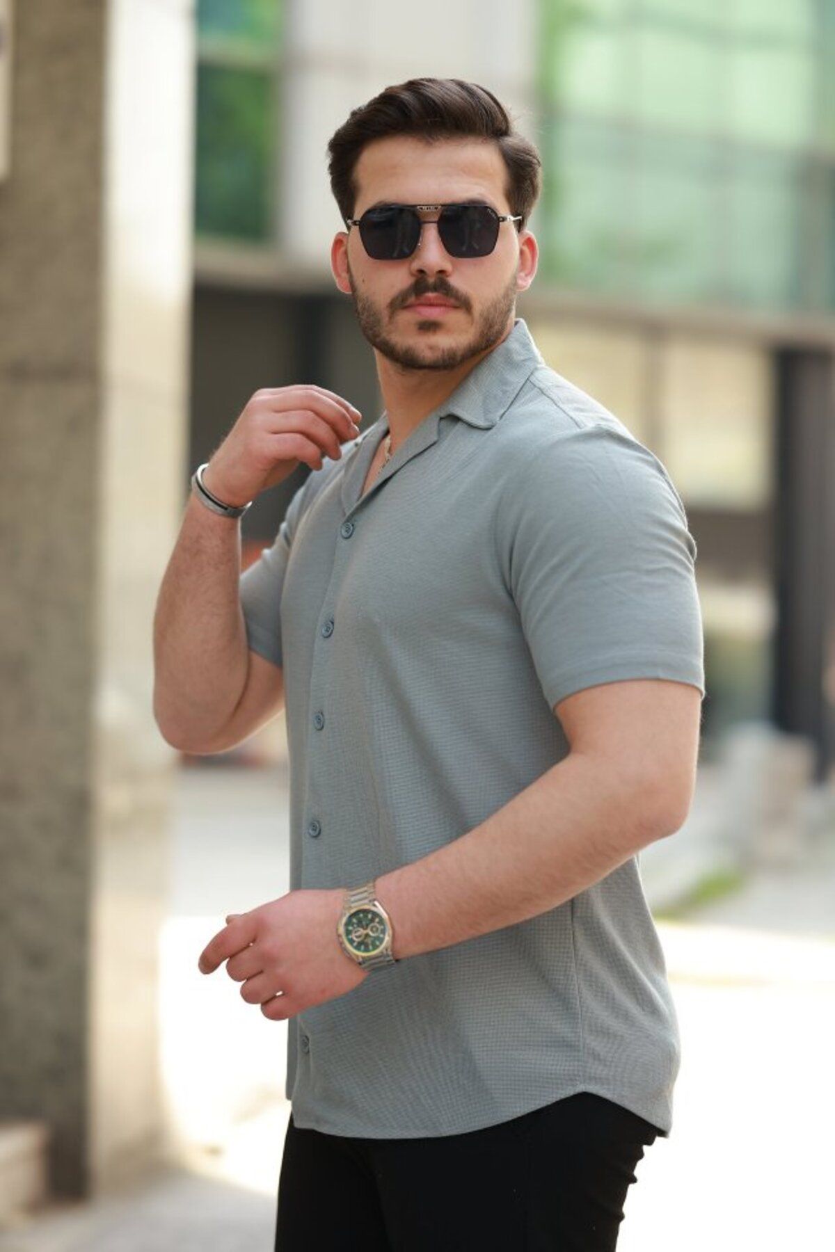 ARUZ MODA Erkek Apaç Yaka örme Kumaş Kısa Kollu Gömlek
