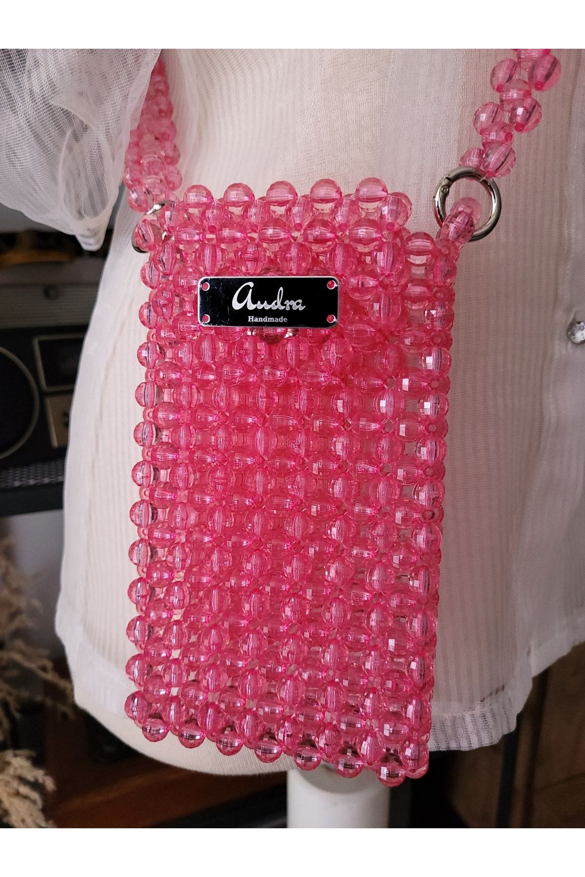 Audra Handmade Audra El Yapımı Pembe Boncuk Telefon Çantası