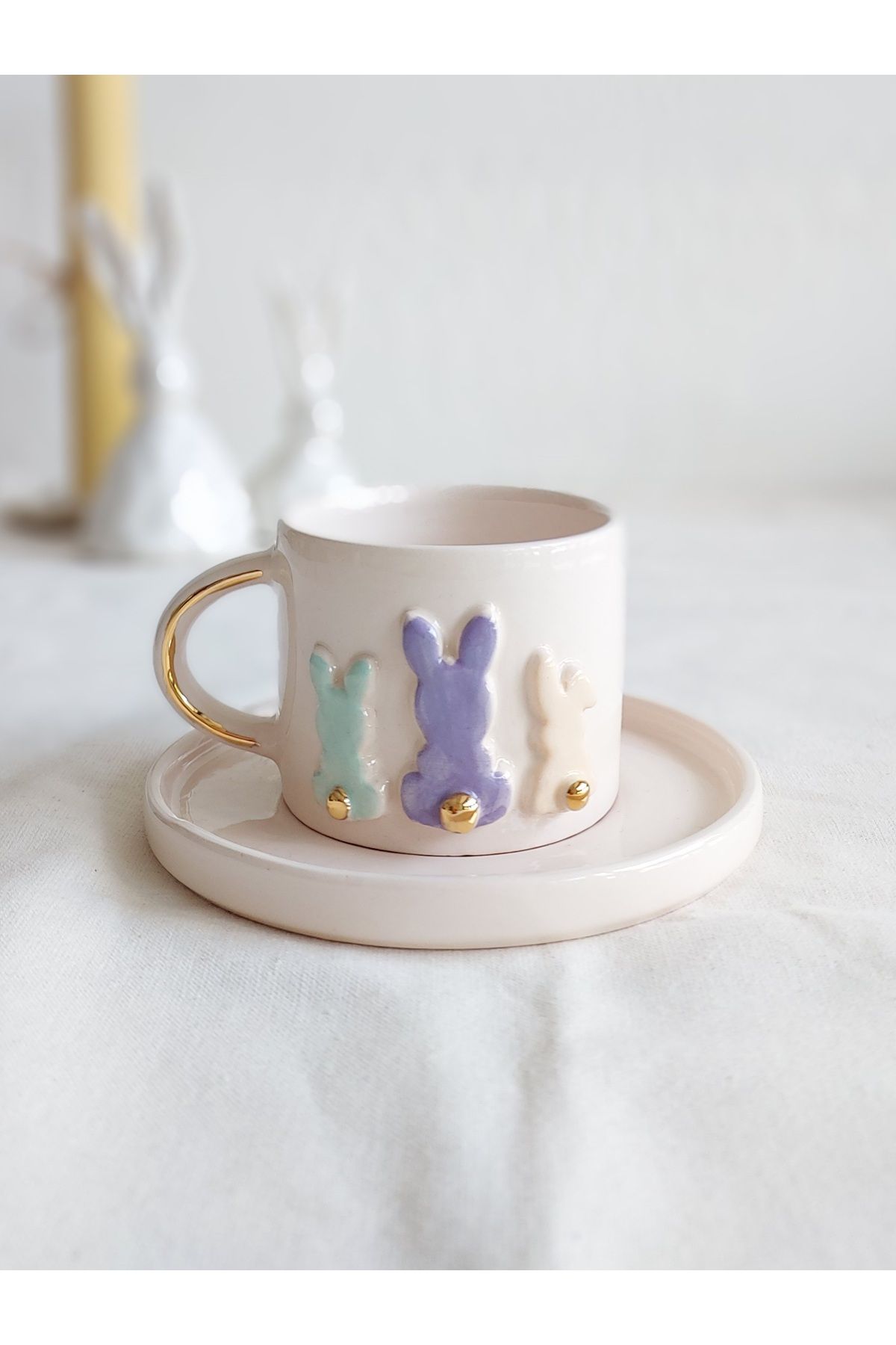 Handmade Tavşan Detaylı 150ml Tabaklı Kahve fincanı/1 kişilik