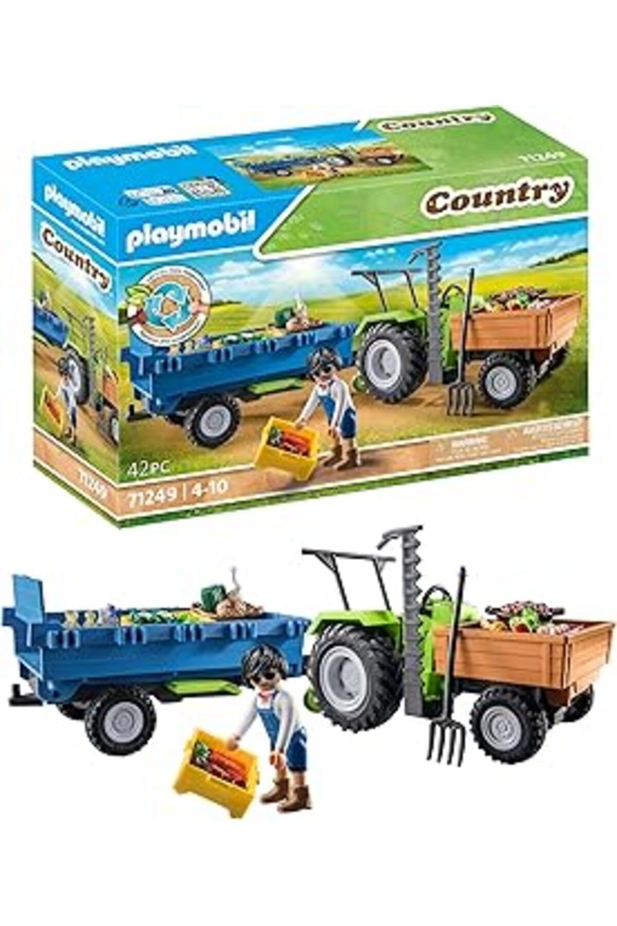 DENİZBİLİŞİM Playmobil Country 71249 Römorklu Traktör, Taşıma Kutuları Dahil, Organik Çiftlik İçin Yeşil Traktör