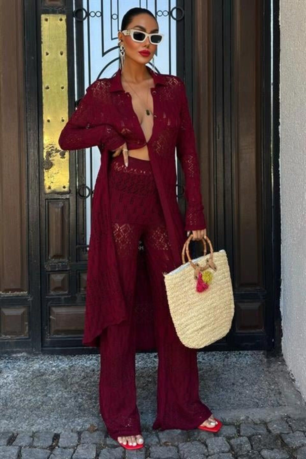 ARUZ MODA Bridget Ajurlu Uzun Hırka Takım 9881