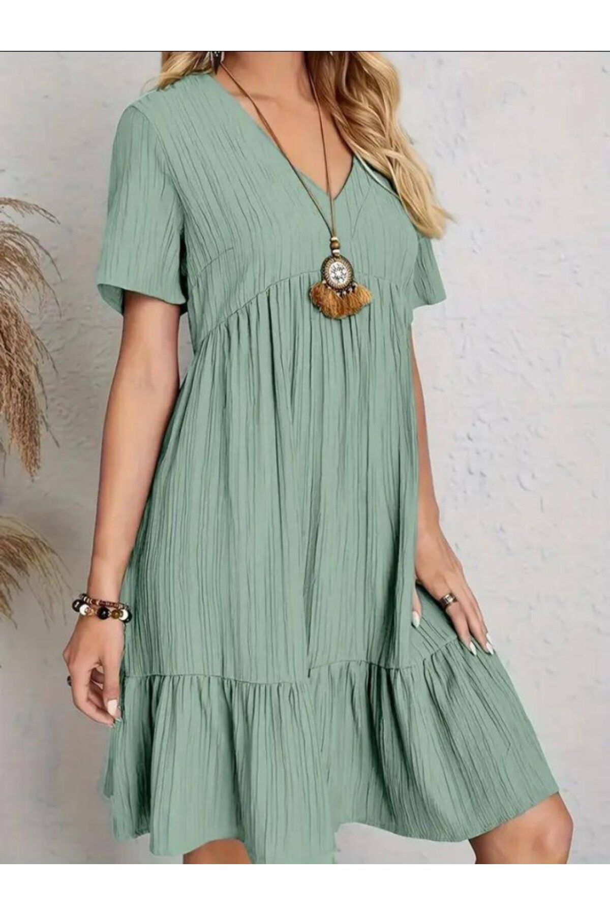 ARUZ MODA Kadın V Yaka, Fırfırlı Bürümcük Kumaş Elbise