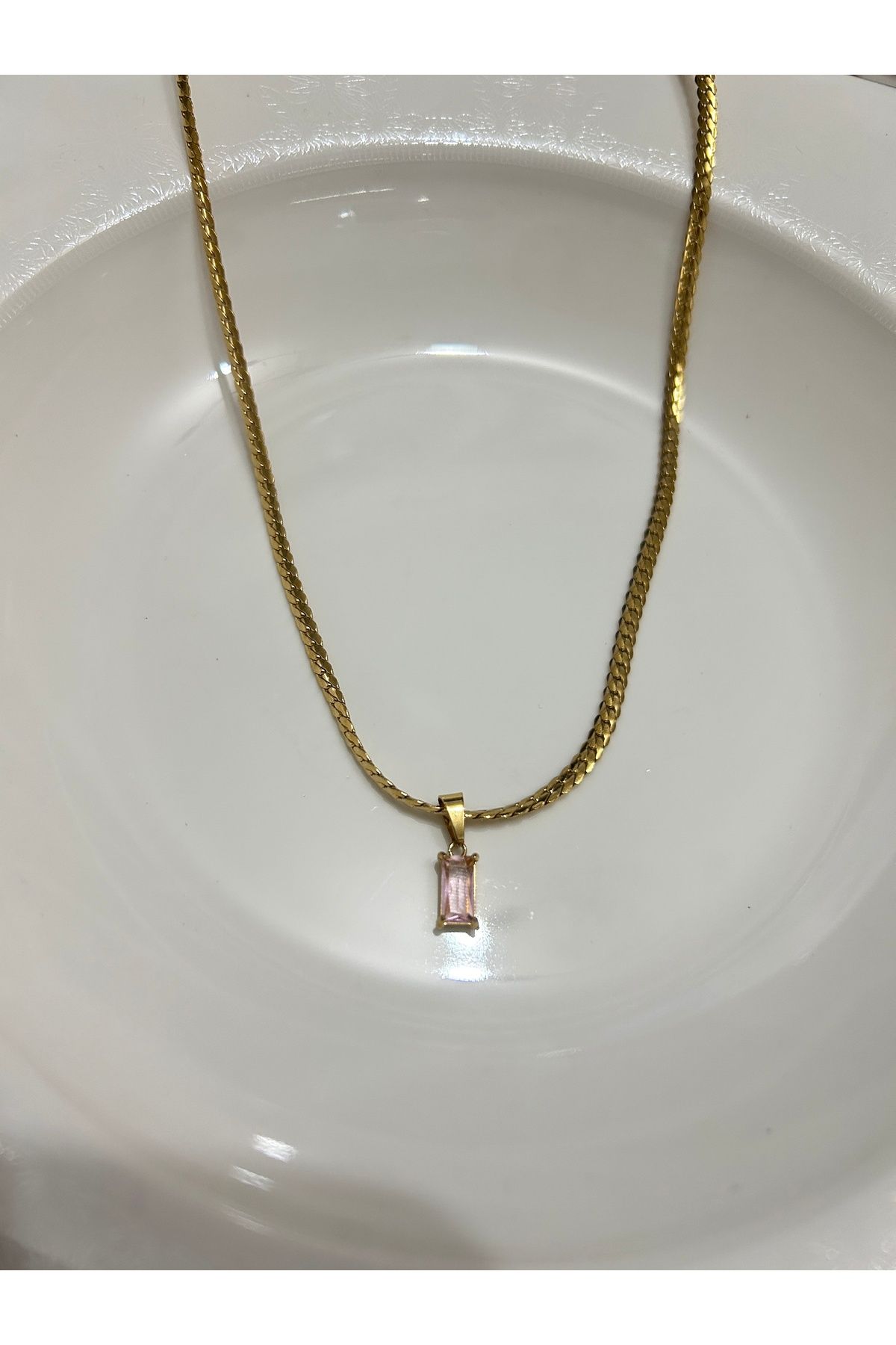 Butik Çelik Pembe Zirkon Taşlı Gold Kolye