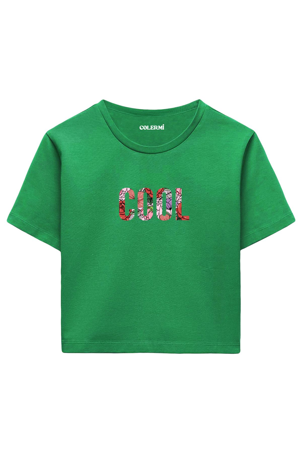 Colermi Çiçek Desenli COOL Yazılı %100 Pamuk Kadın Crop Tshirt