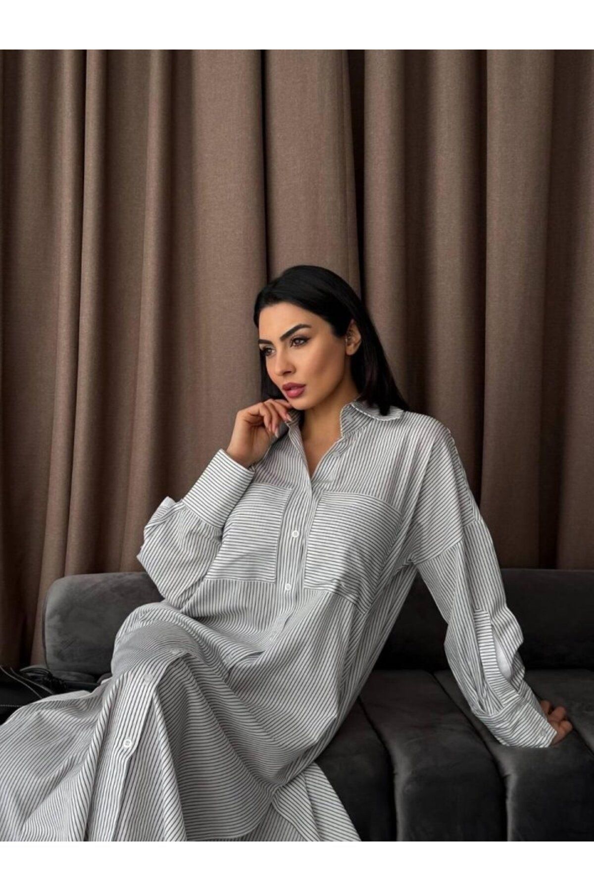ARUZ MODA Çizgili Midi Gömlek Elbise