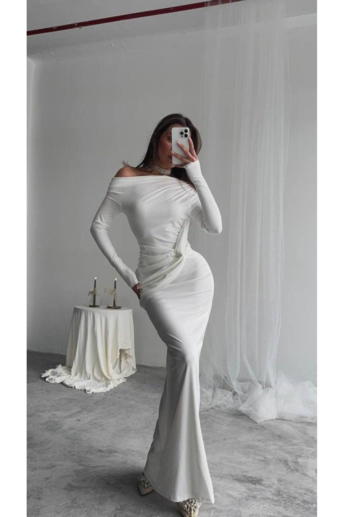 ARUZ MODA Kayık Yaka Uzun Kurdele Elbise