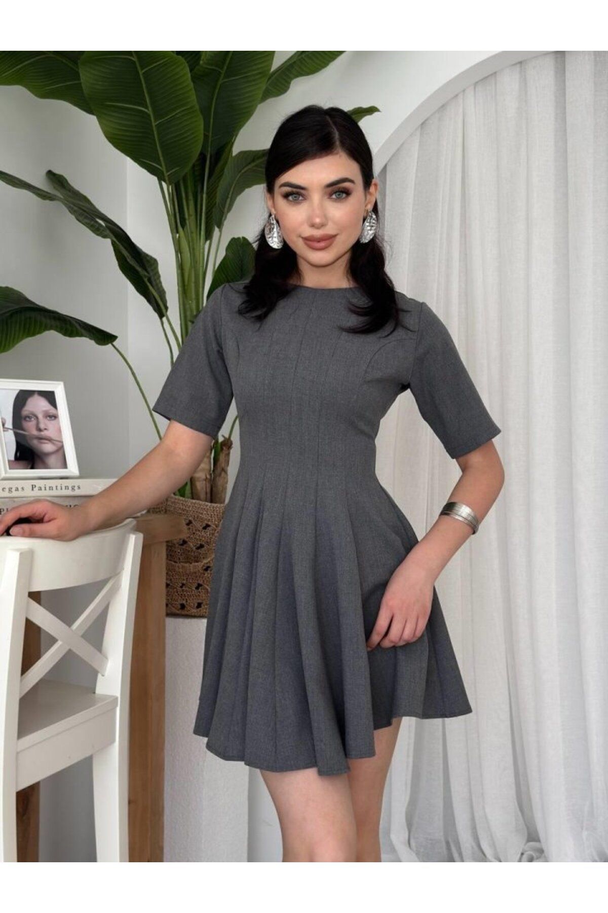 ARUZ MODA Crem Pliseli Elbise