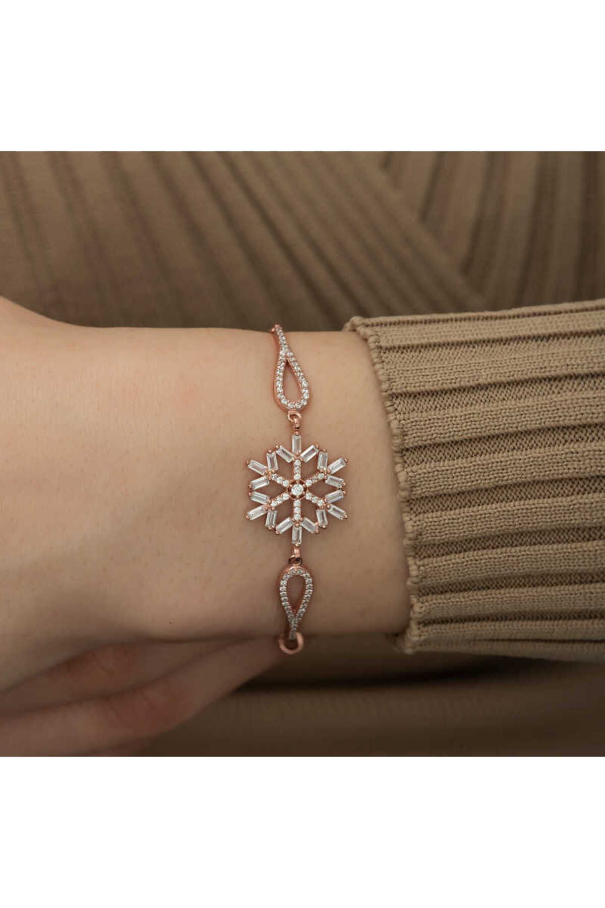 BAZAARİO 925 Ayar Gümüş Rose Baget Taşlı Kar Tanesi Bileklik