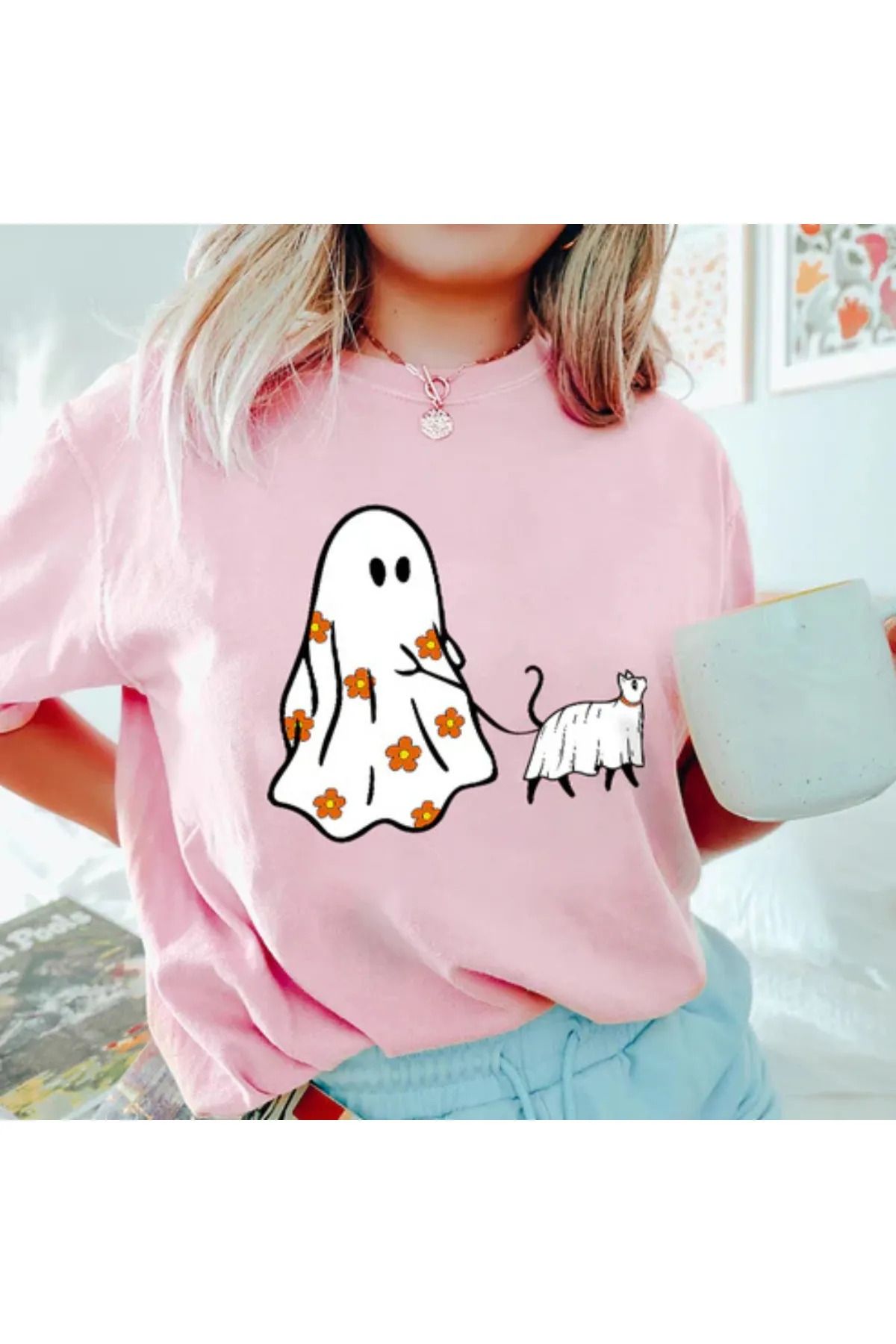 FeaR LeeS Hayalet ve Kedi Baskılı Oversize T-shirt
