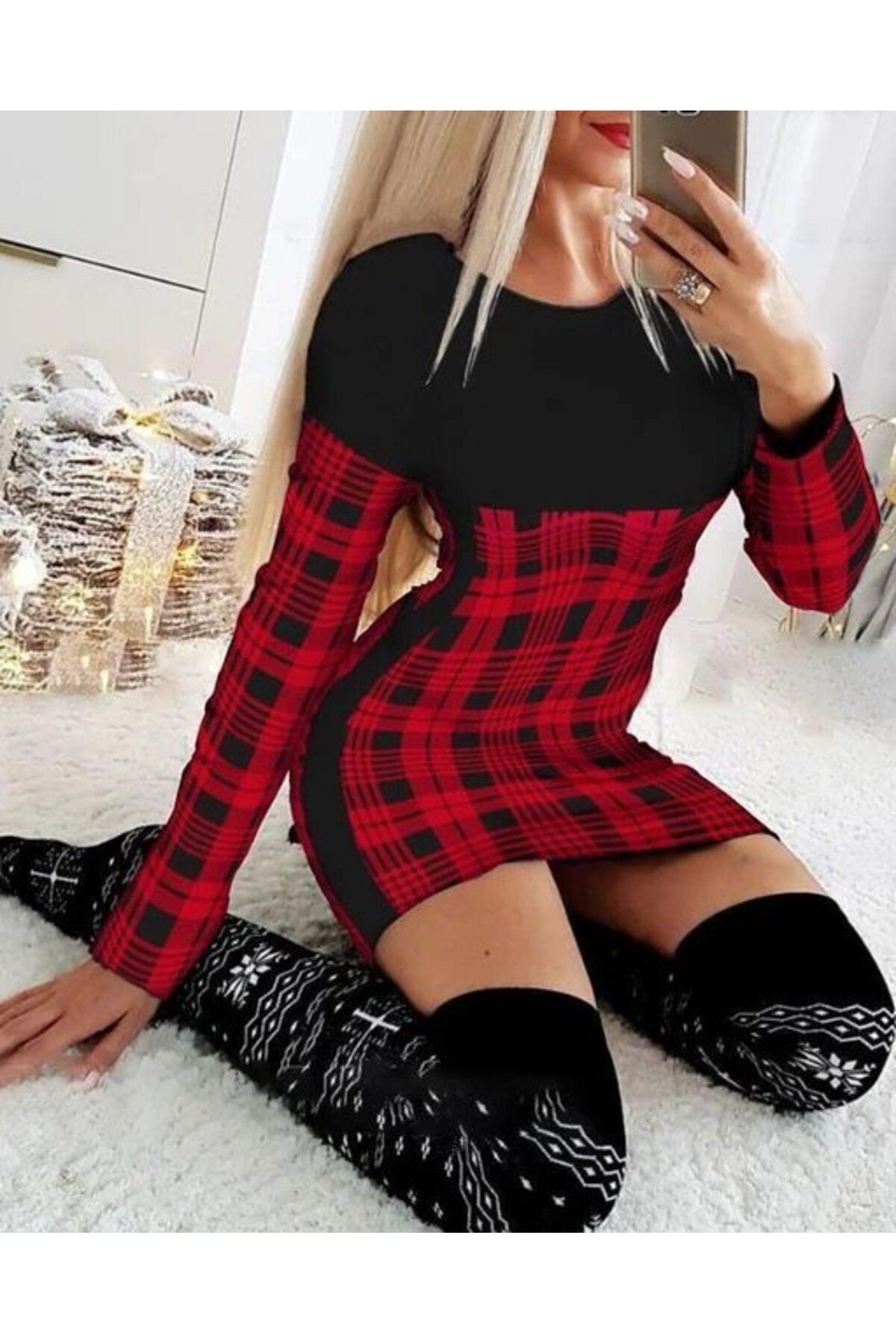 ARUZ MODA Kadın Uzun Kollu Yanları Siyah şerit Detay Kırmızı Ekoseli Dalgıç Elbise (çorapsız )