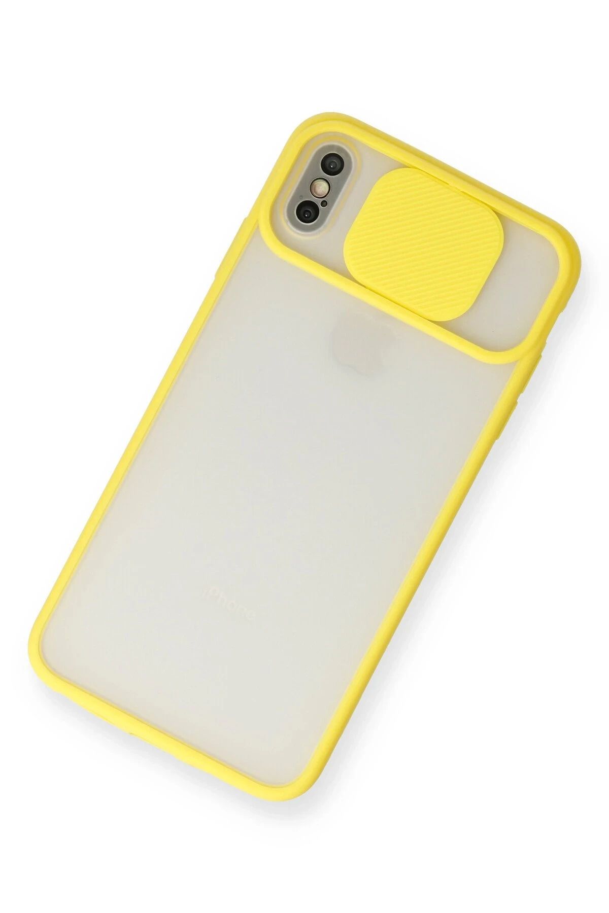 NewFace iPhone XS Max Kılıf Palm Buzlu Kamera Sürgülü Silikon - Sarı BSTMY