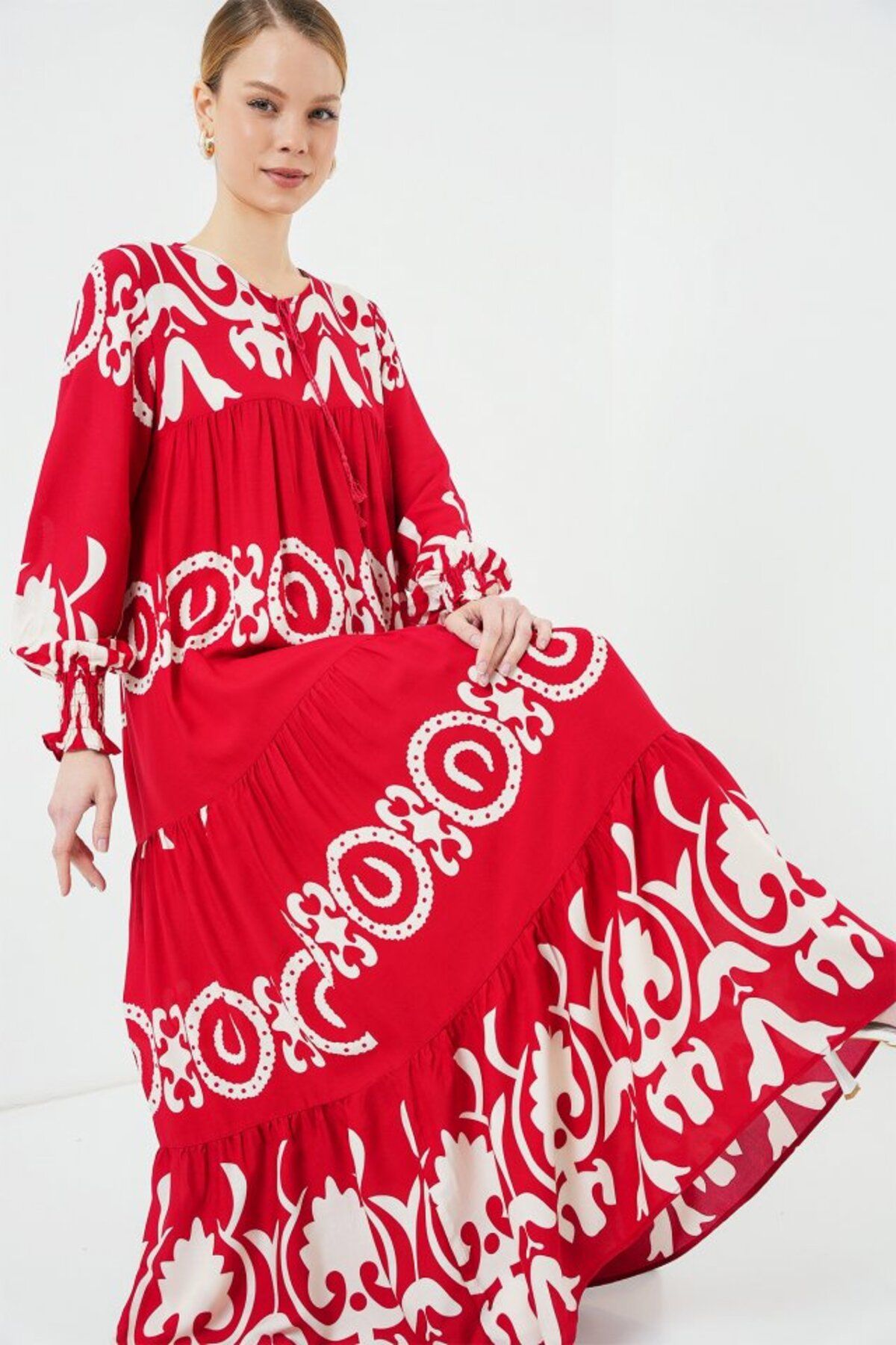 ARUZ MODA 1947 Desenli Uzun Elbise - B.Kırmızı