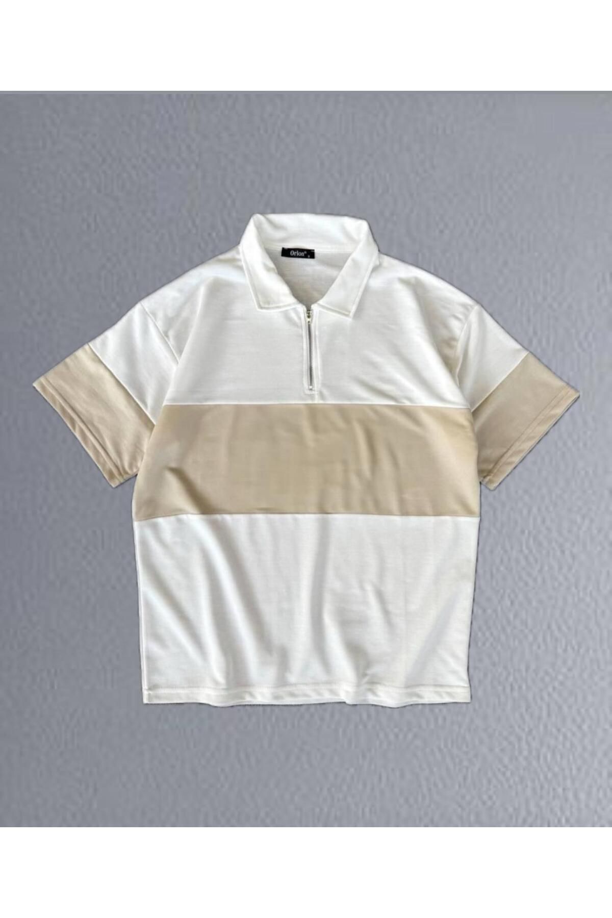 woonkey UNISEX OVERSİZE RAHAT KALIP POLO YAKA FERMUARLI PARÇALI T-SHIRT