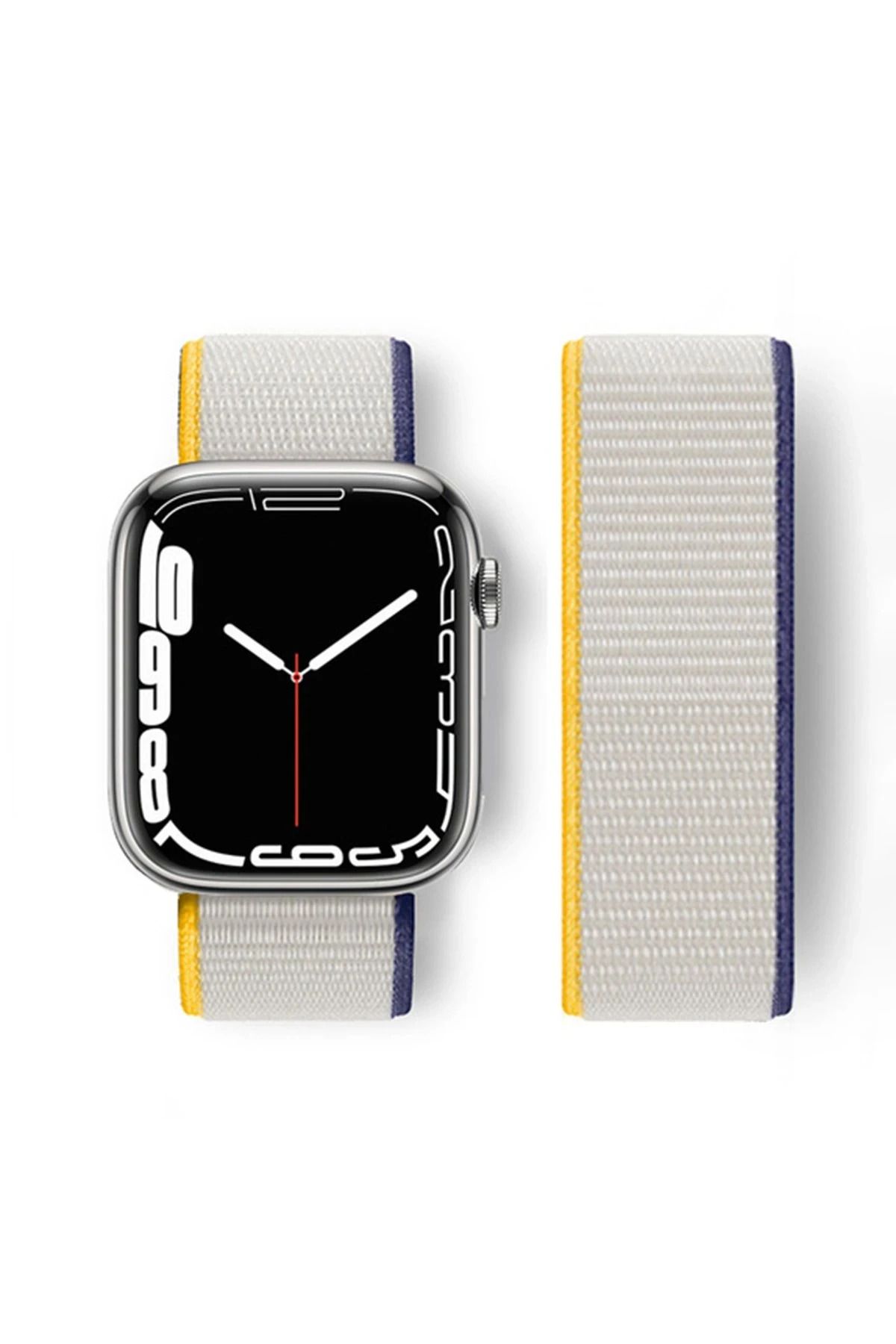 NewFace Apple Watch 38mm Hasırlı Cırtcırtlı Kordon - Sarı-Beyaz BSTMY