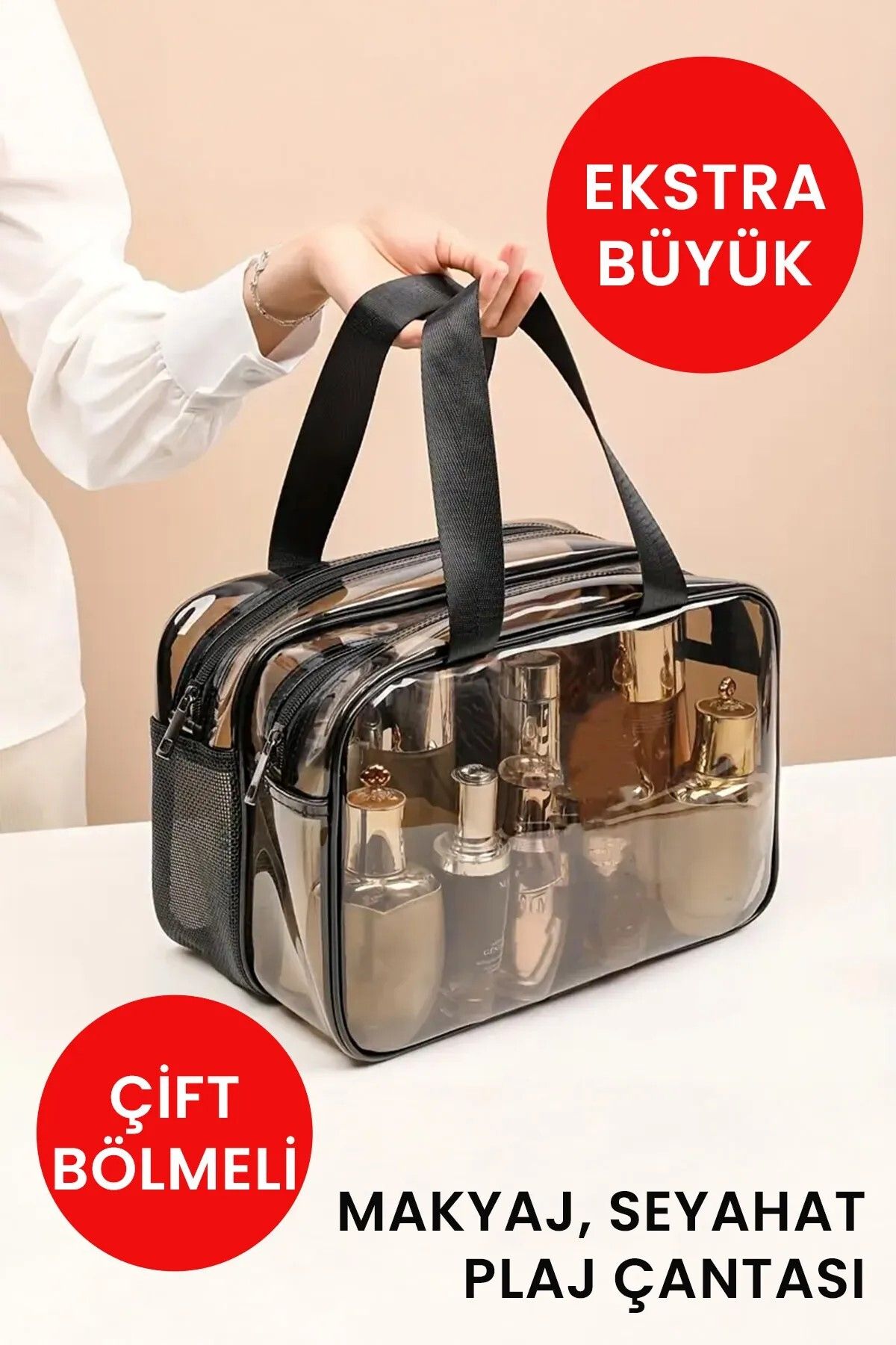 Ecosell Çift Bölmeli Şeffaf Fileli Seyahat Kozmetik Makyaj Çantası (30*22*16 CM EBATLARINDA)