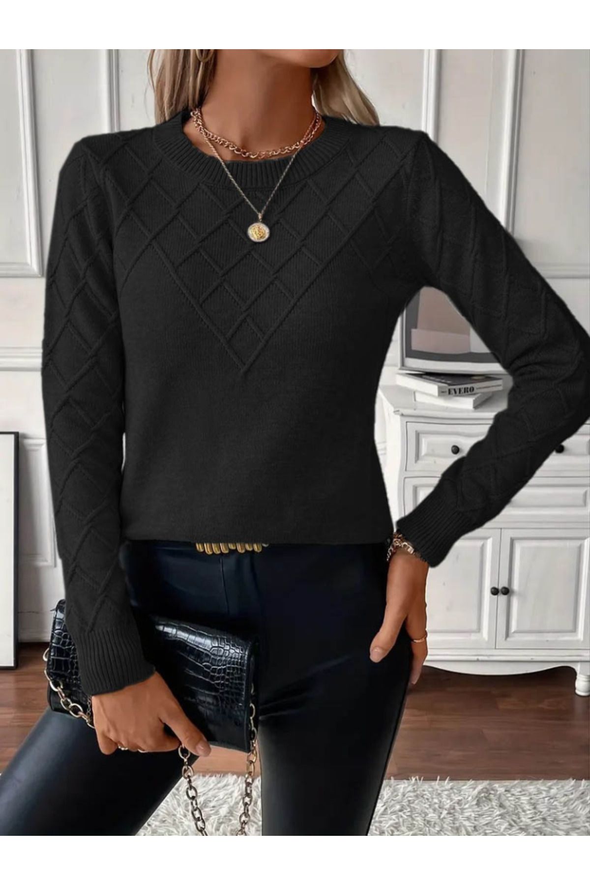 ARUZ MODA Kadın Uzun Kollu Bisiklet Yaka Geometrik Desenli Triko Bluz