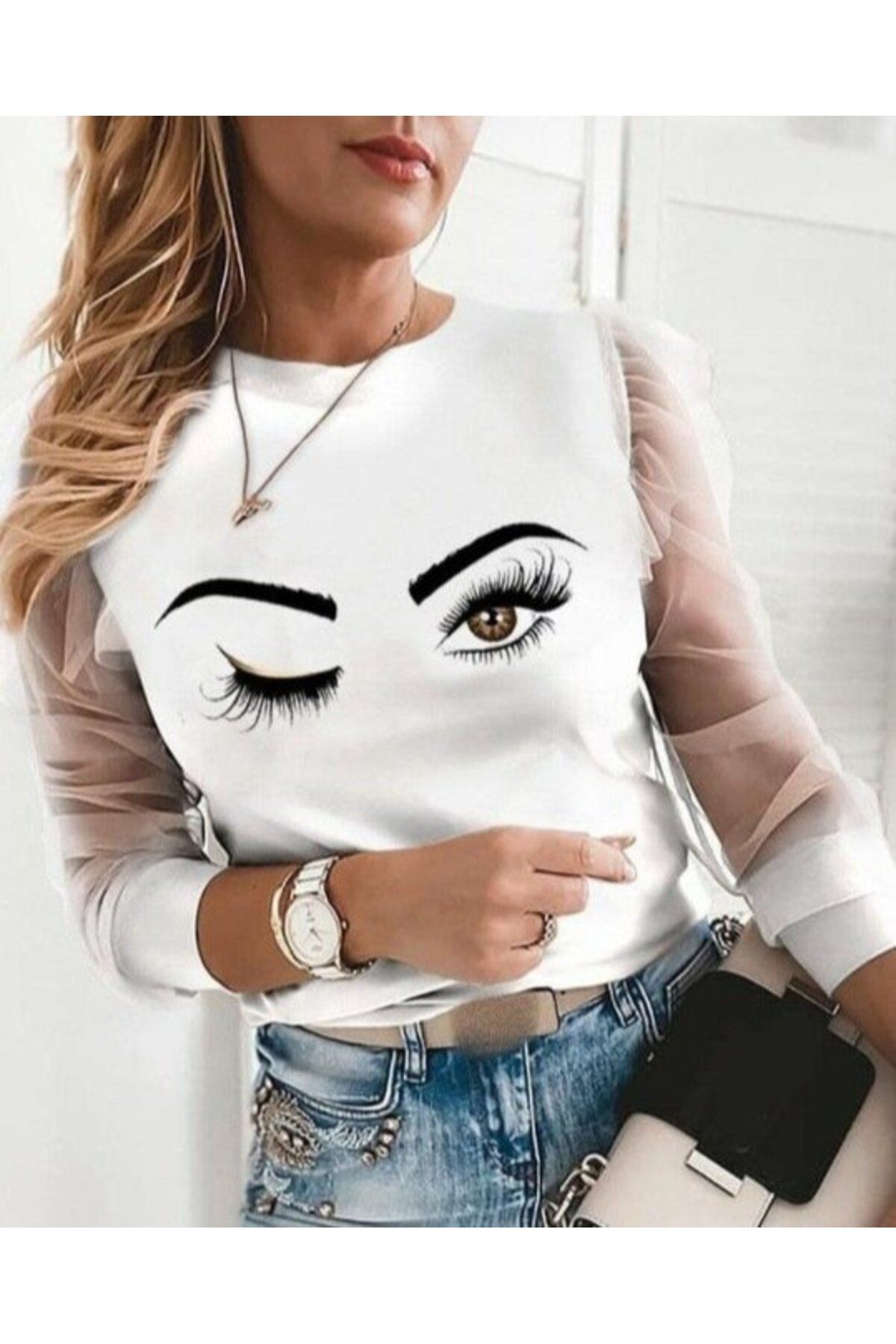 ARUZ MODA Kadın Uzun Kollu Bisiklet Yaka Göz Baskılı Kolları Tül Detay Dalgıç Bluz