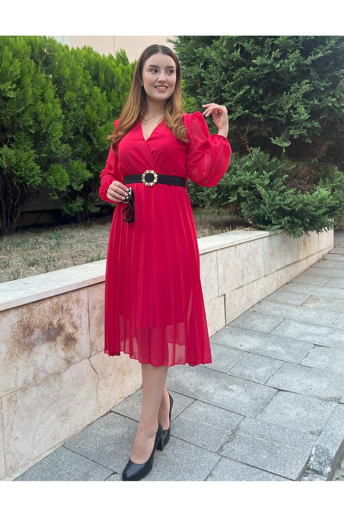 ARUZ MODA Kadın şifon Kumaş Astalı Kloş Kesim Kruvaze Yaka Midi Boy Elbise