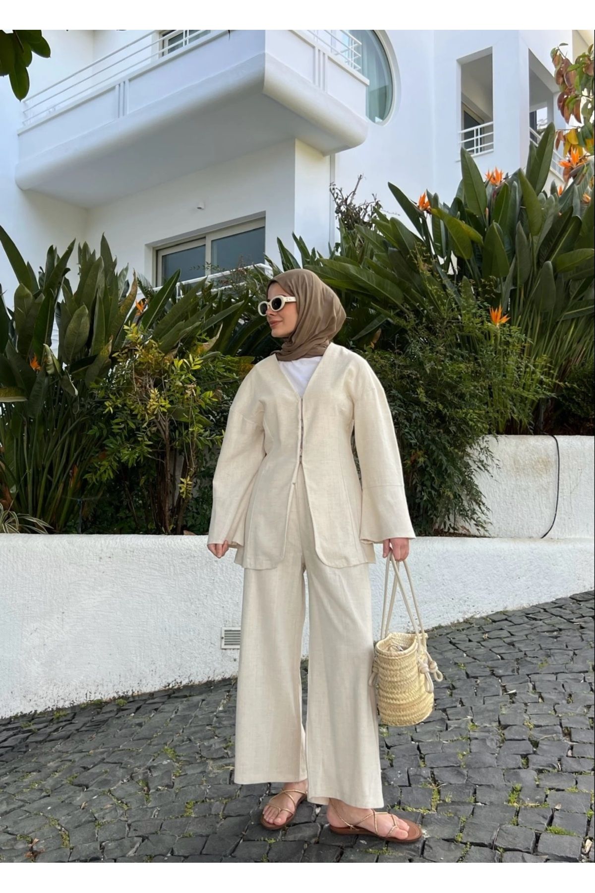 Miraydin Butik Kadın Düğme ve Kuşak Detaylı Keten Takım M3325 - Bej