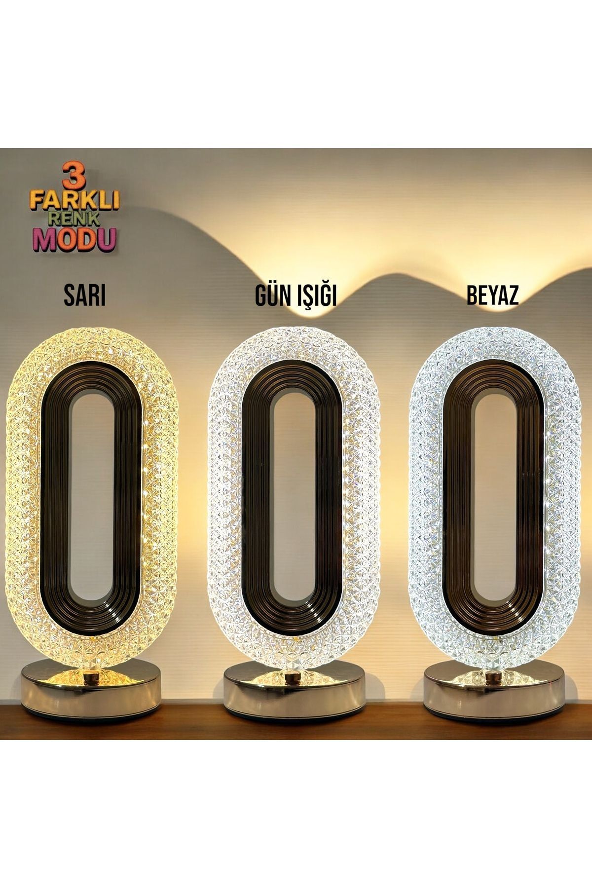 bestcase Dokunmatik Kristal 3 Renk Işık Modlu Şarj Edilebilir Masa Lambası Gold