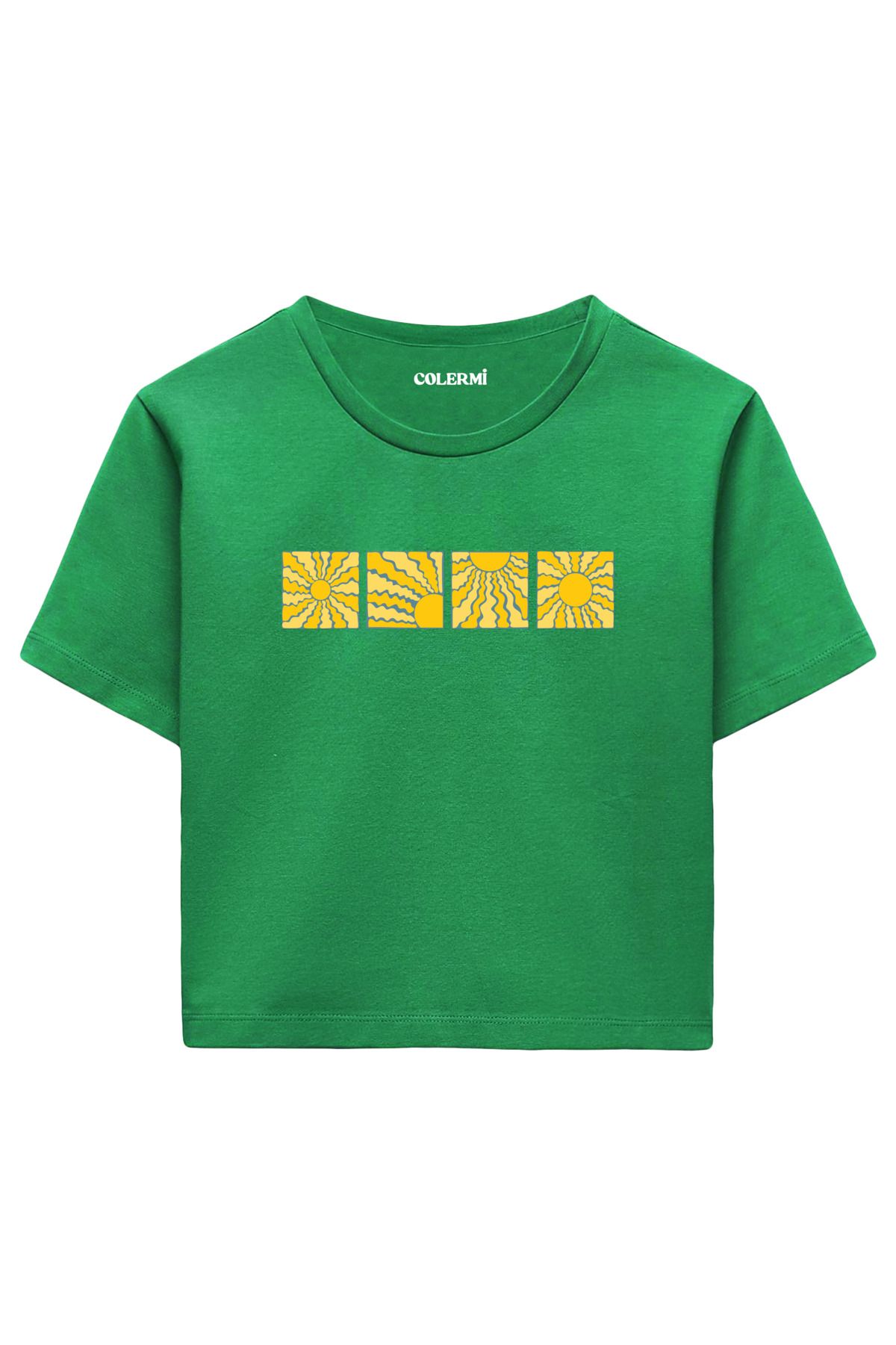 Colermi Güneş Baskılı %100 Pamuk Kadın Crop Tshirt