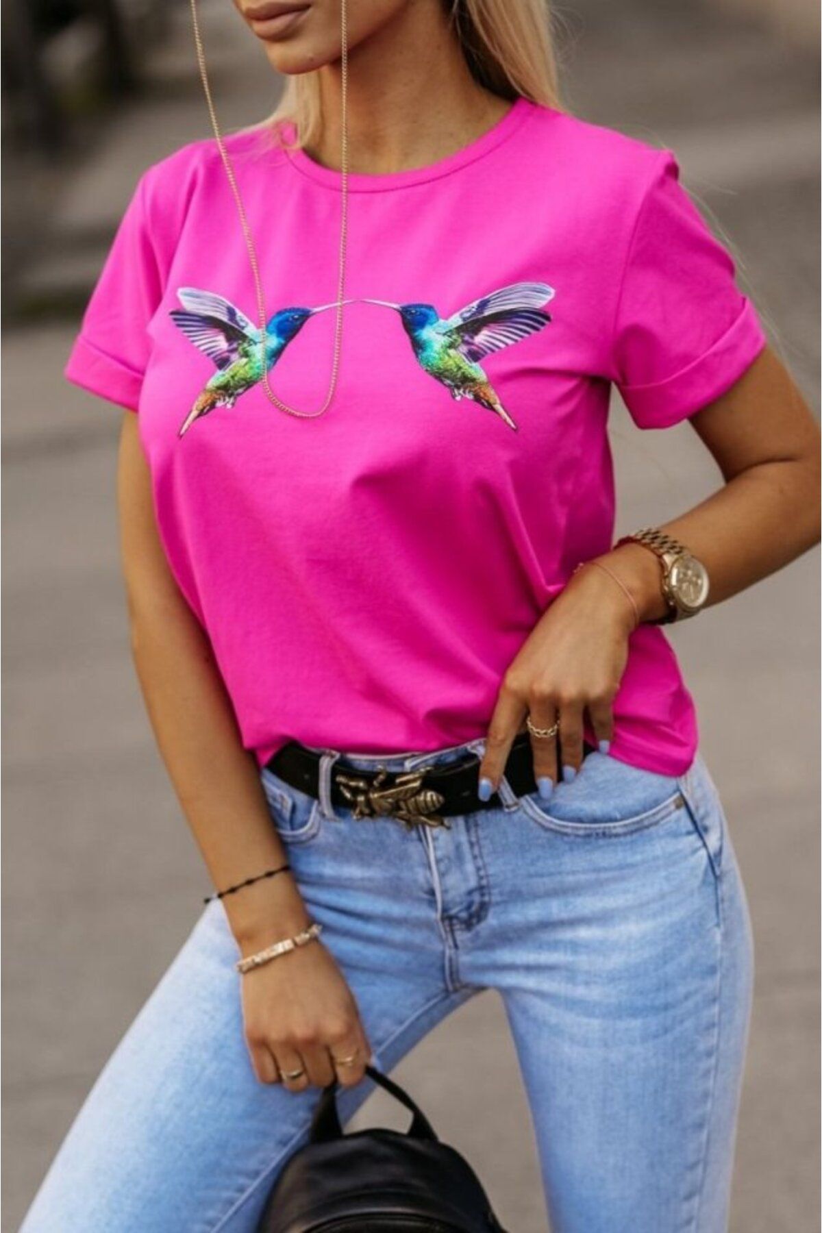 ARUZ MODA Kadın Kuş Desenli Süprem Tişört