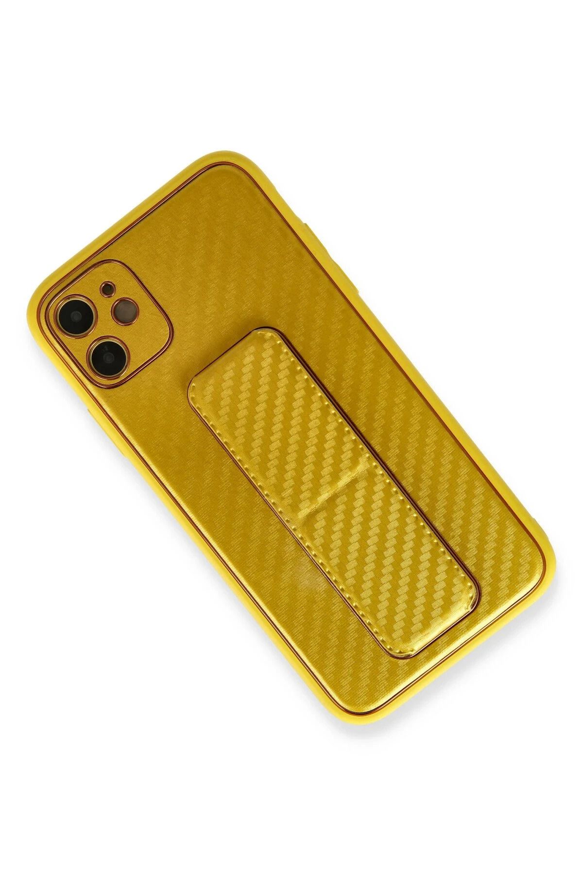 NewFace iPhone 12 Kılıf Coco Karbon Standlı Kapak - Sarı BSTMY