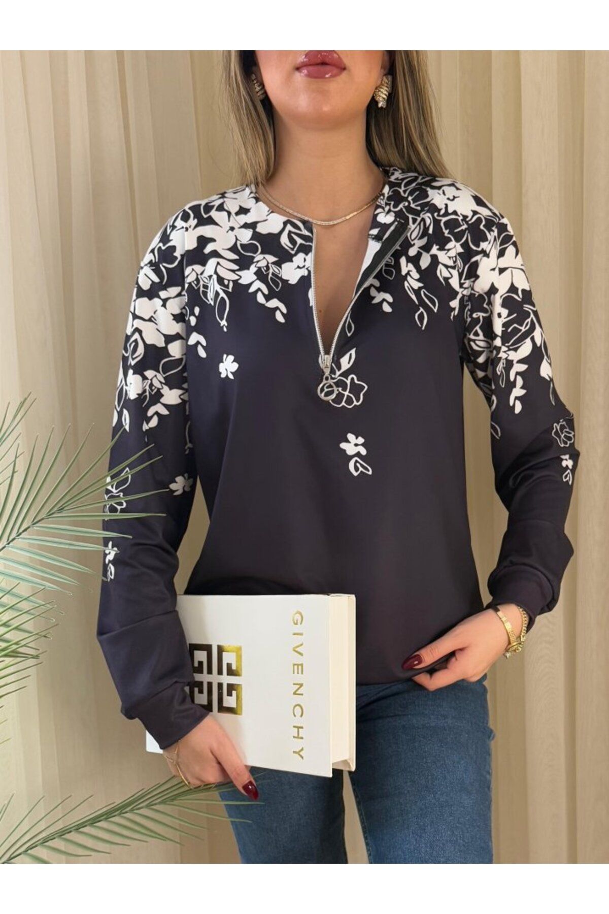 ARUZ MODA Kadın Uzun Kollu önden Fermuarlı çiçek Desenli şardonlu Dalgıç Bluz