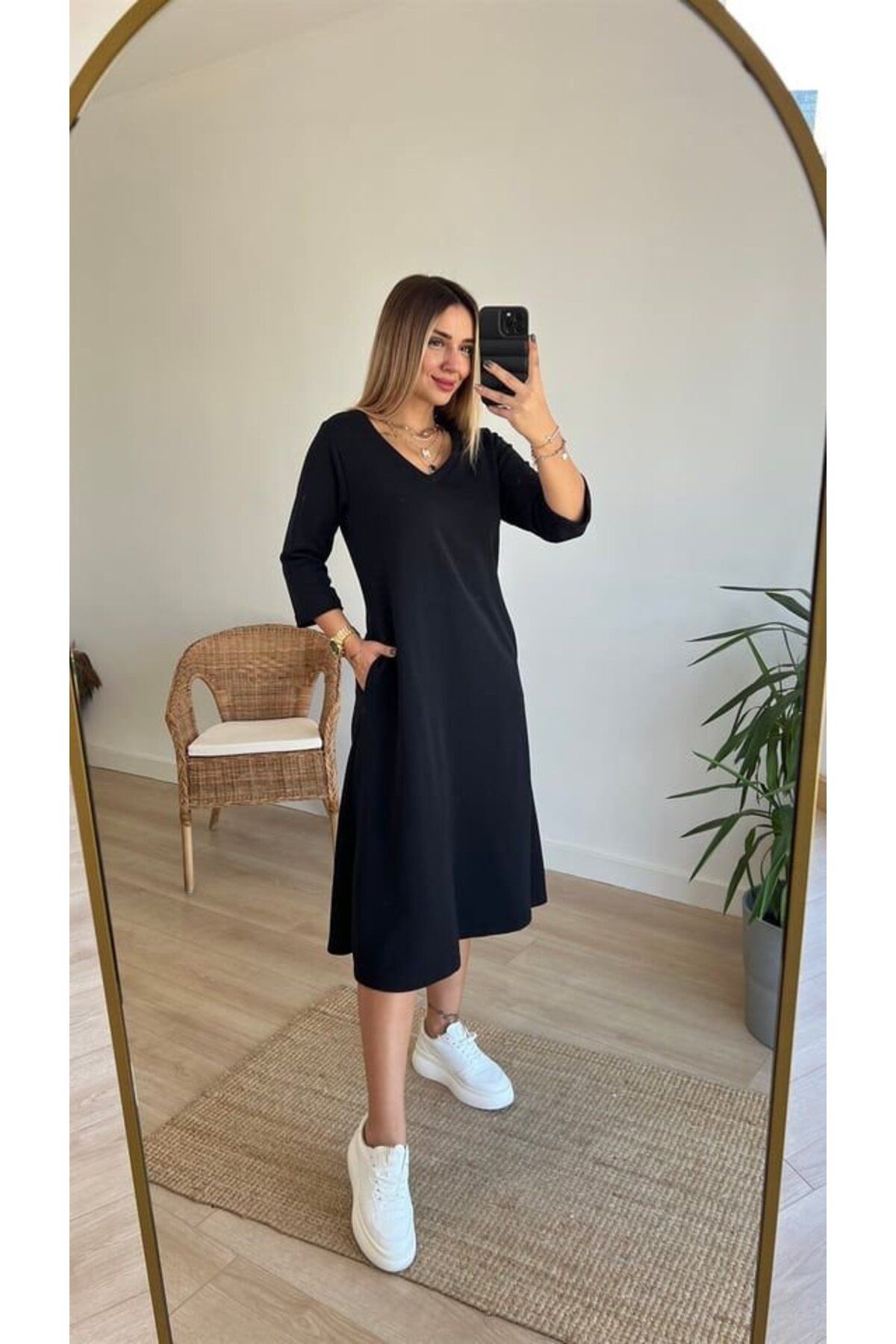 ARUZ MODA Kadın Uzun Kollu V Yakalı Yanlardan Yırtmaçlı Viskon Iki Iplik Midi Elbise