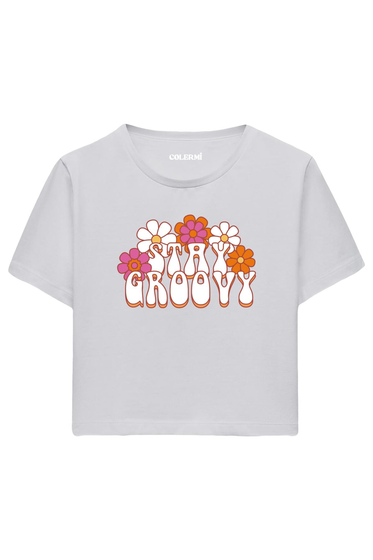 Colermi Stay Groovy Yazılı %100 Pamuk Kadın Crop Tshirt
