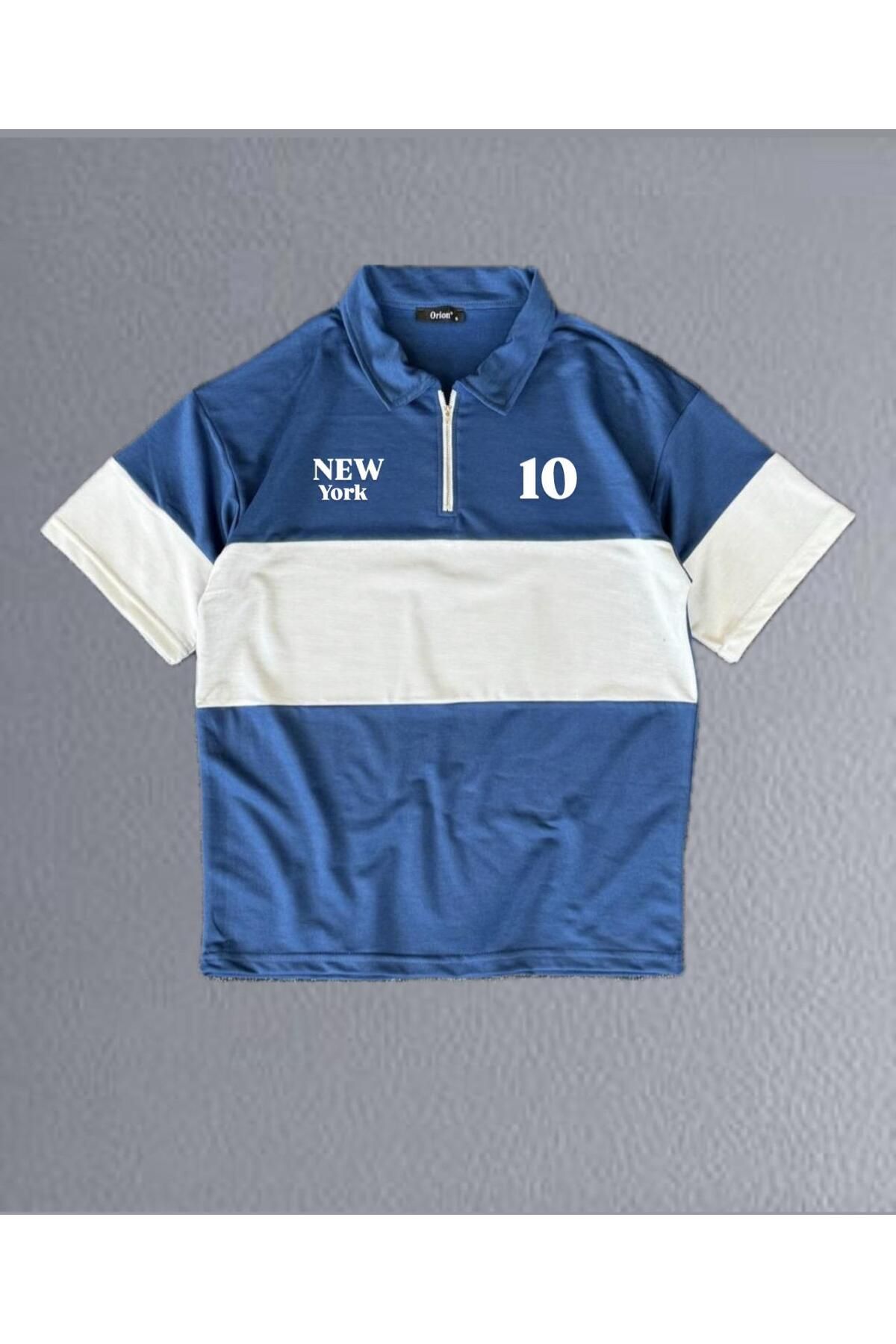 woonkey UNISEX OVERSİZE NEWYORK BASKILI POLO YAKA FERMUARLI PARÇALI T-SHIRT