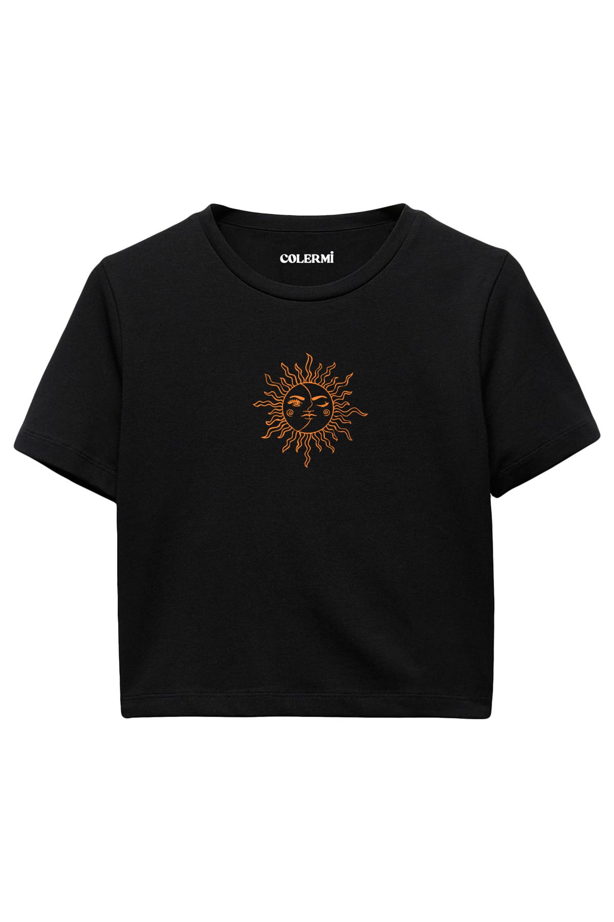Colermi Güneş İllüstrasyon Baskılı %100 Pamuk Kadın Crop Tshirt