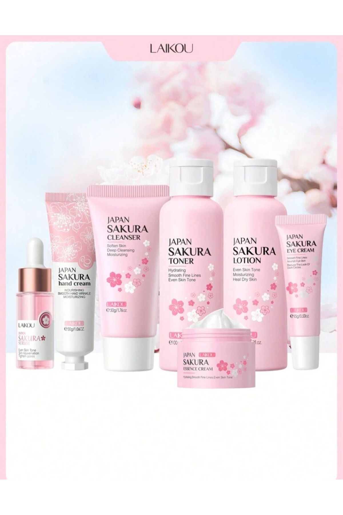 LAIKOU JAPAN SAKURA 7 PARCA SKIN CARE SET + HADIYE KUTUSU VE SAC BANDI