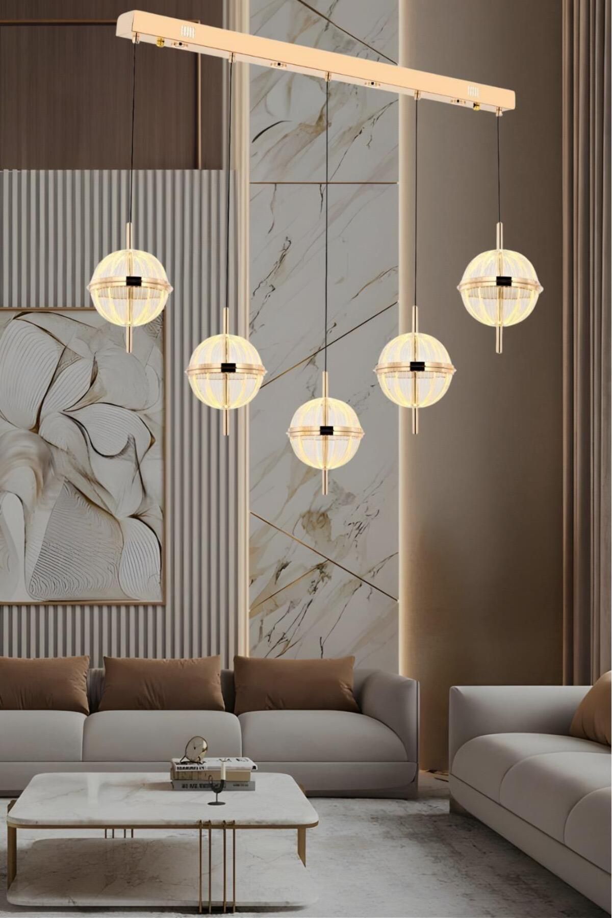 BellaLuce Bella luce Milen 5 li sıralı gold yemek masası 3 reng ledli avize