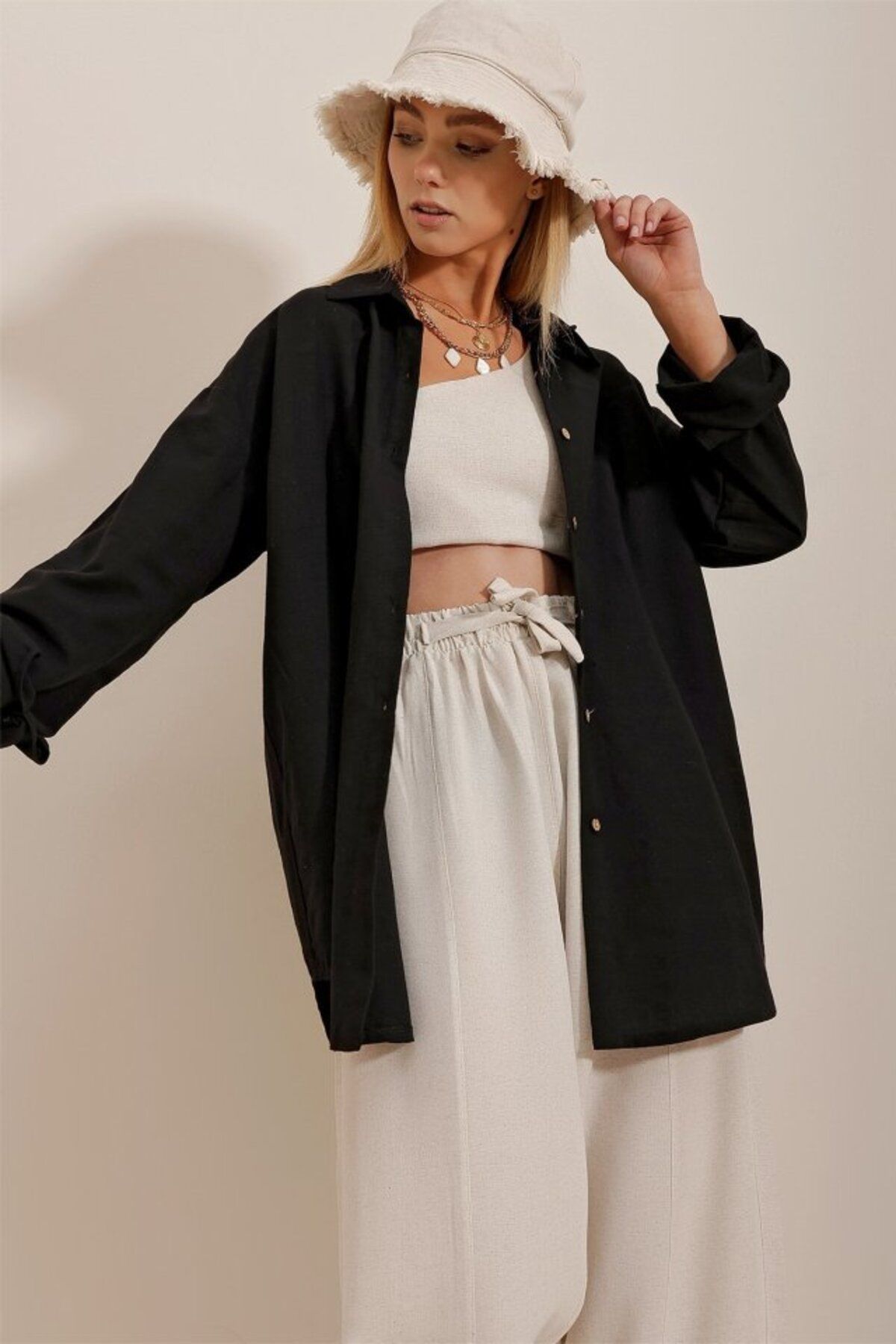 ARUZ MODA Kadın Keten Kumaş Oversize Gömlek