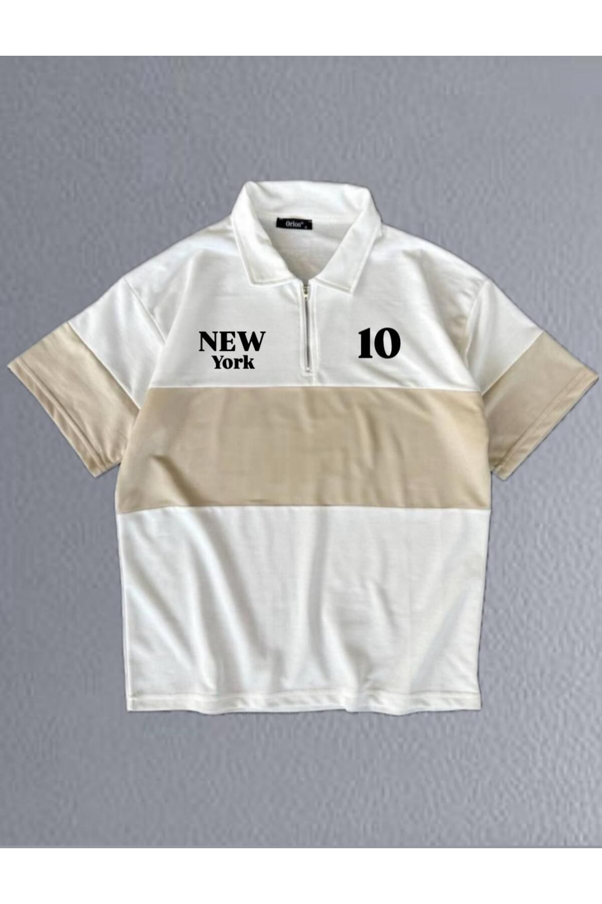 woonkey UNISEX OVERSİZE NEWYORK BASKILI POLO YAKA FERMUARLI PARÇALI T-SHIRT