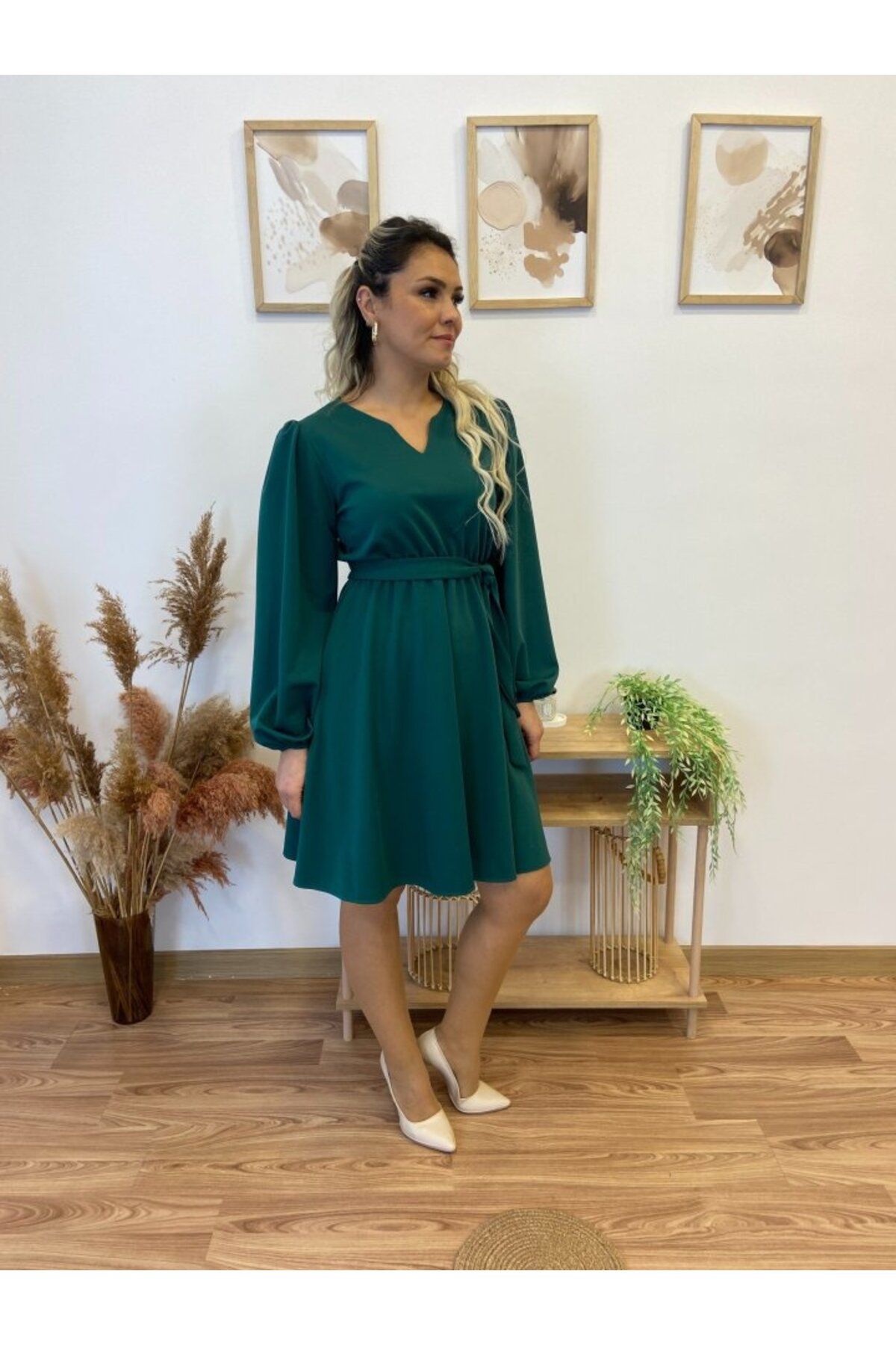 ARUZ MODA Kadın Uzun Kollu V Yakalı Belden Kuşaklı Kiloş Krep Elbise