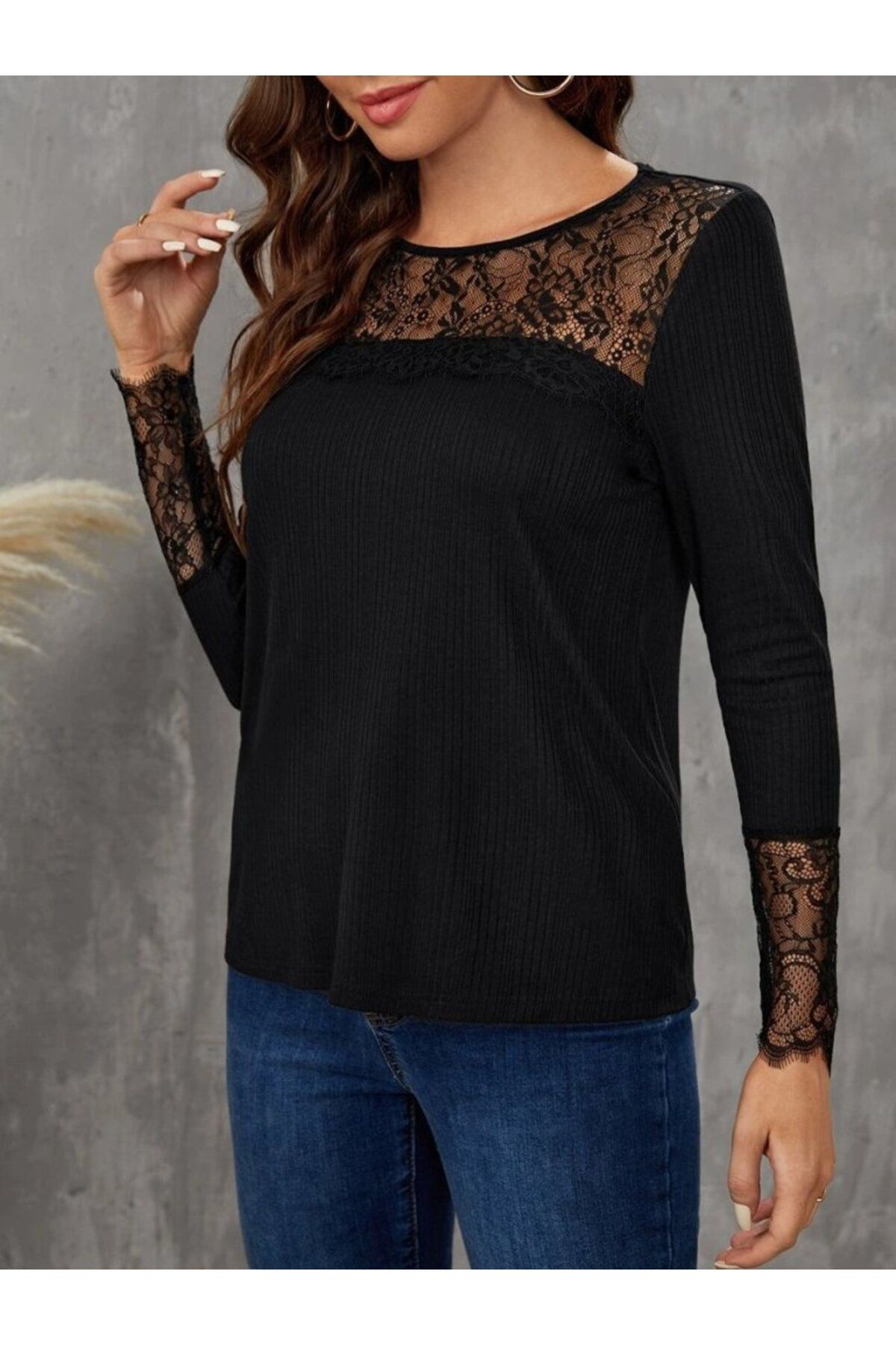 ARUZ MODA Kadın Uzun Kollu Bisiklet Yaka Dantel Detaylı Burgu Bluz