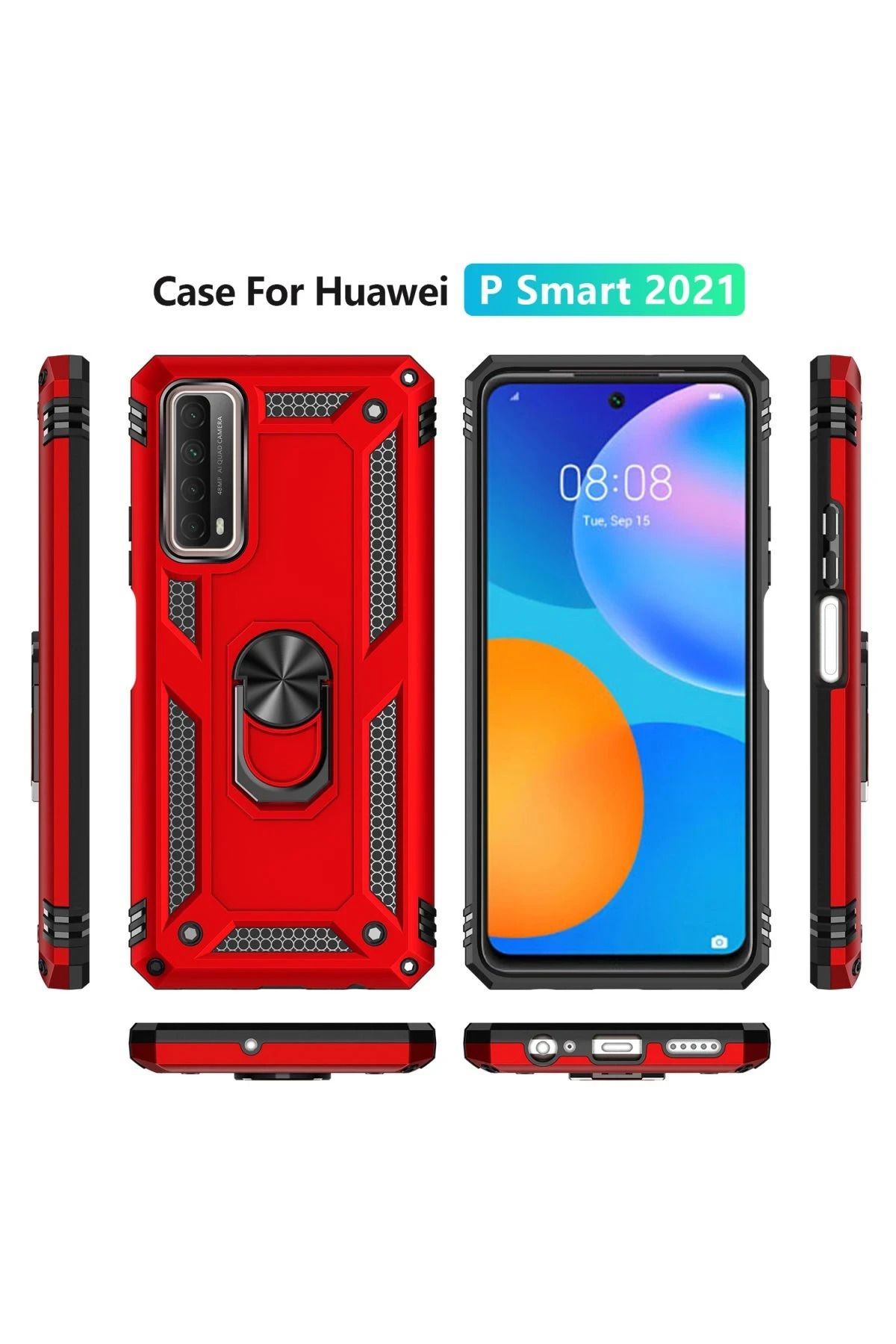 NewFace Huawei P Smart 2021 Kılıf Sofya Yüzüklü Silikon Kapak - Kırmızı BSTMY
