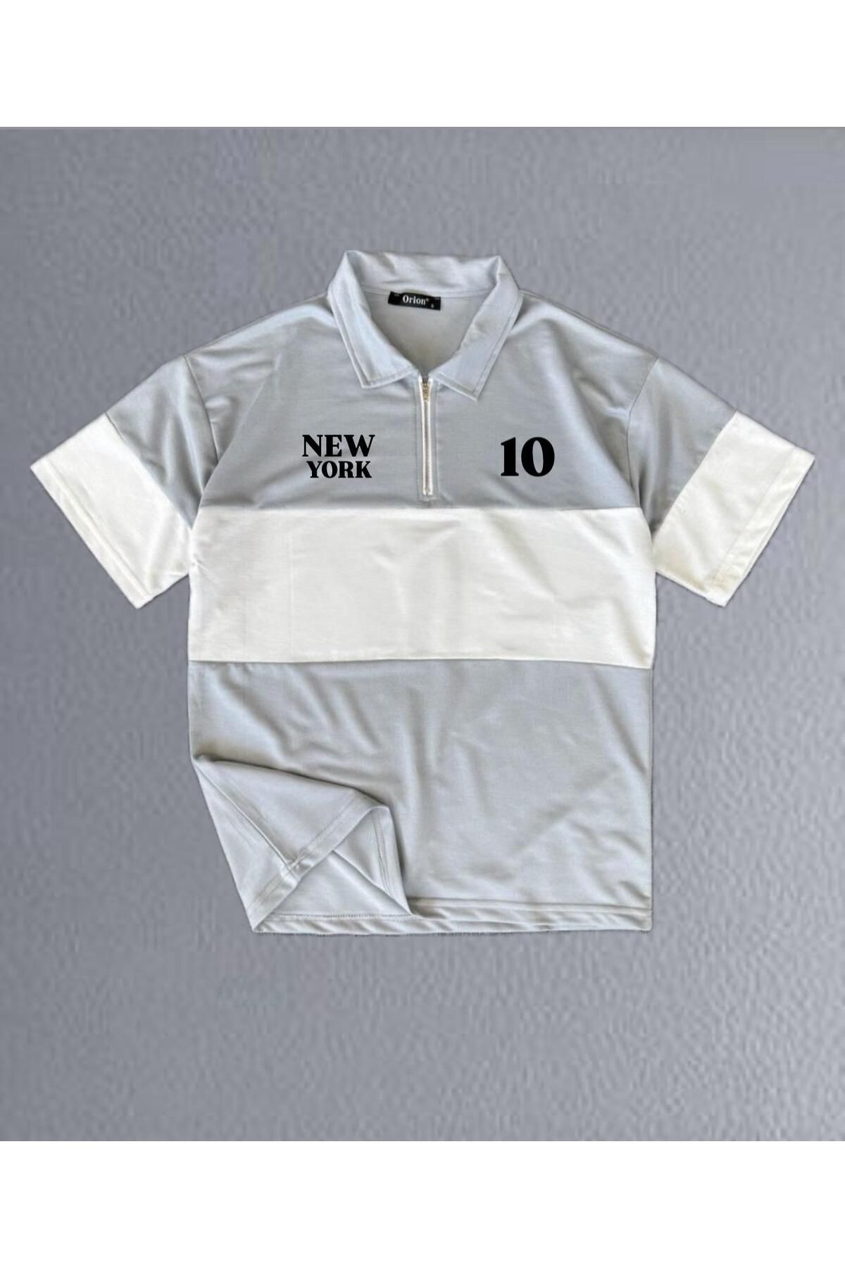 woonkey UNISEX OVERSİZE NEWYORK BASKILI POLO YAKA FERMUARLI PARÇALI T-SHIRT