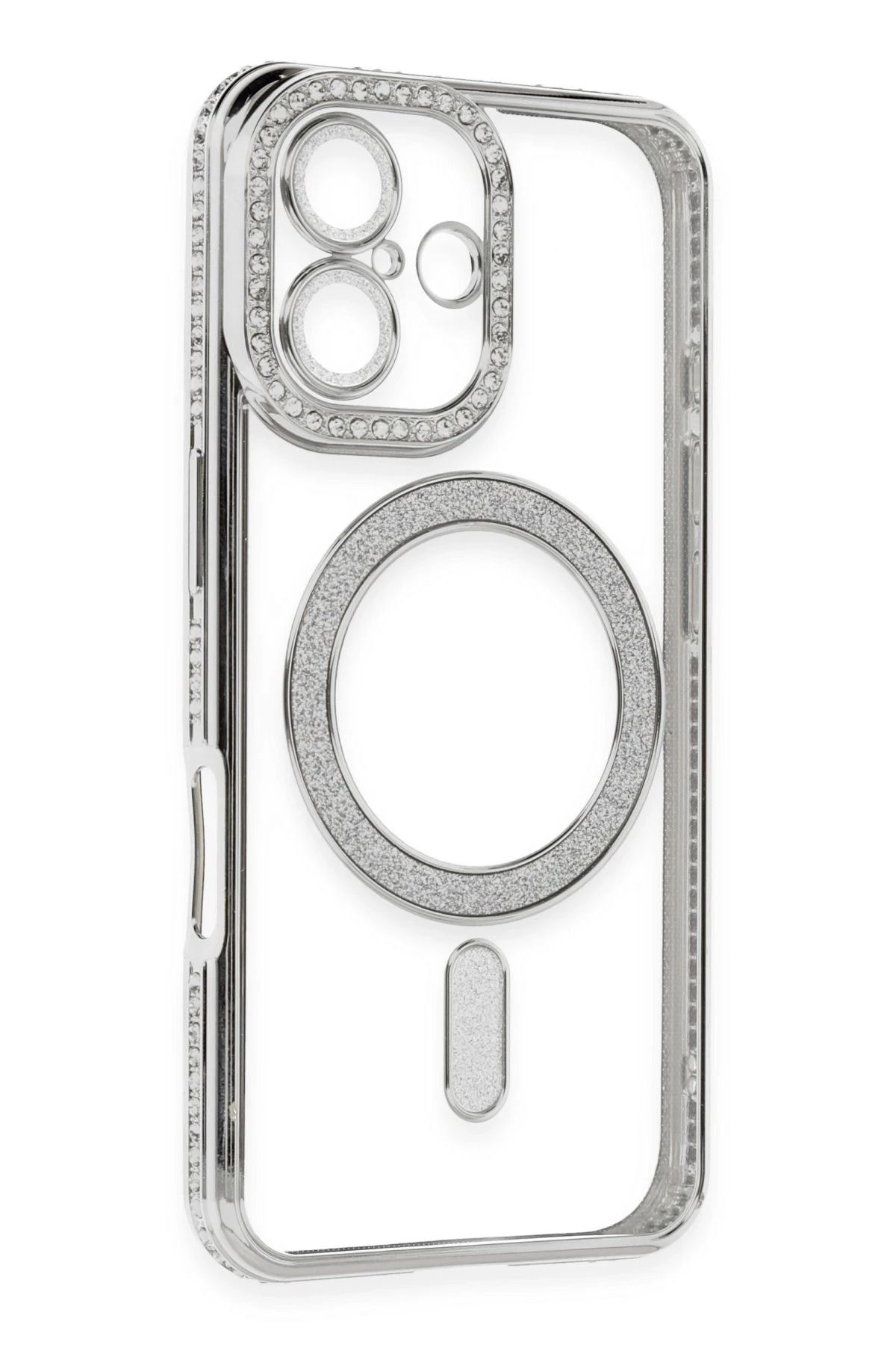 NewFace iPhone 16 Kılıf Joke Simli Magneticsafe Kılıf - Gümüş SVLRS