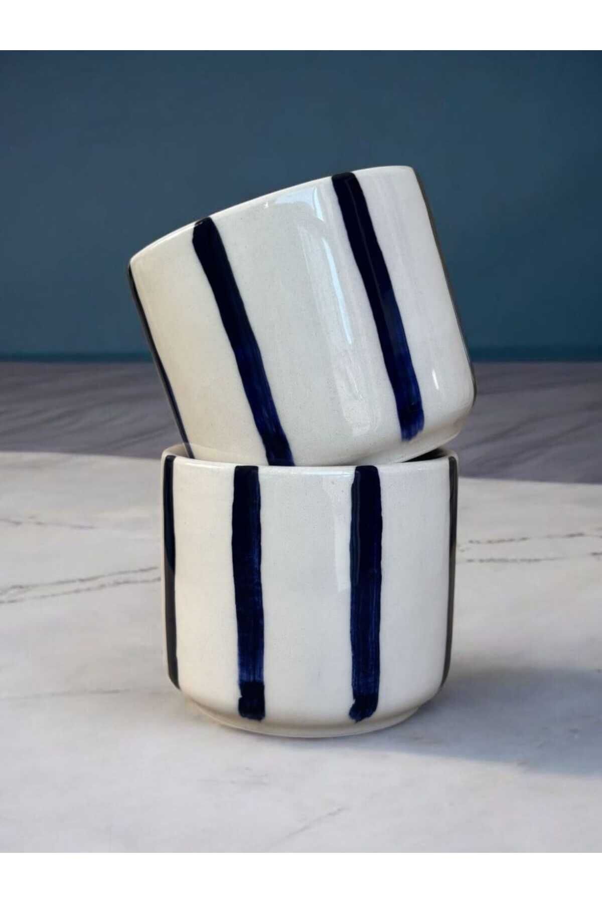 YUUGI CERAMIC El Yapımı Seramik Double Türk Kahvesi Fincanı Lacivert Çizgili Anneler Gününe Özel
