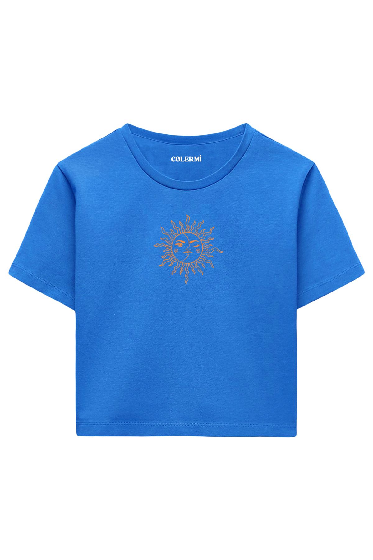 Colermi Güneş İllüstrasyon Baskılı %100 Pamuk Kadın Crop Tshirt