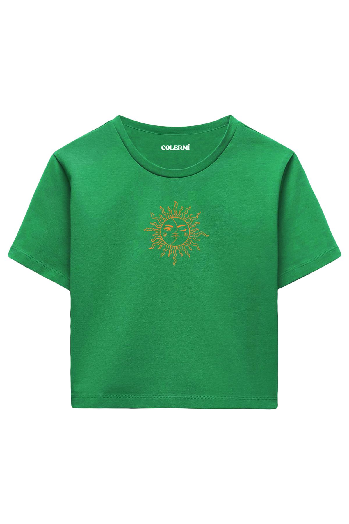 Colermi Güneş İllüstrasyon Baskılı %100 Pamuk Kadın Crop Tshirt