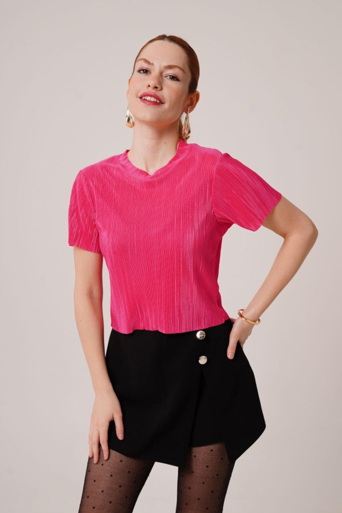 ARUZ MODA Fitilli Kısa Kollu Parlak Fuşya Bluz