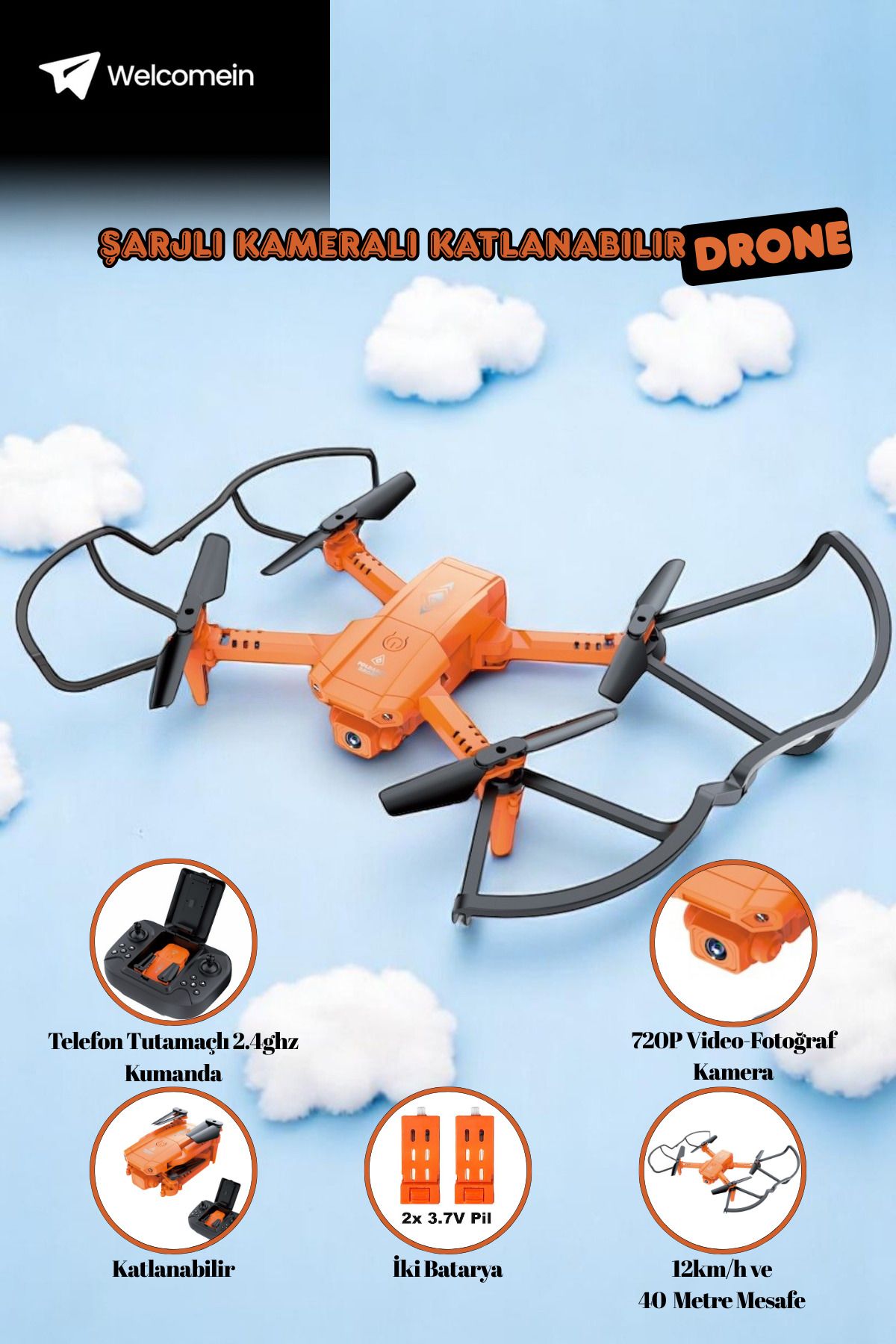 welcomein Uzaktan Kumandalı Ful Fonksiyon 2.4G Şarjlı Kameralı Katlanabilir Takla Atabilen Çift Batarya Drone